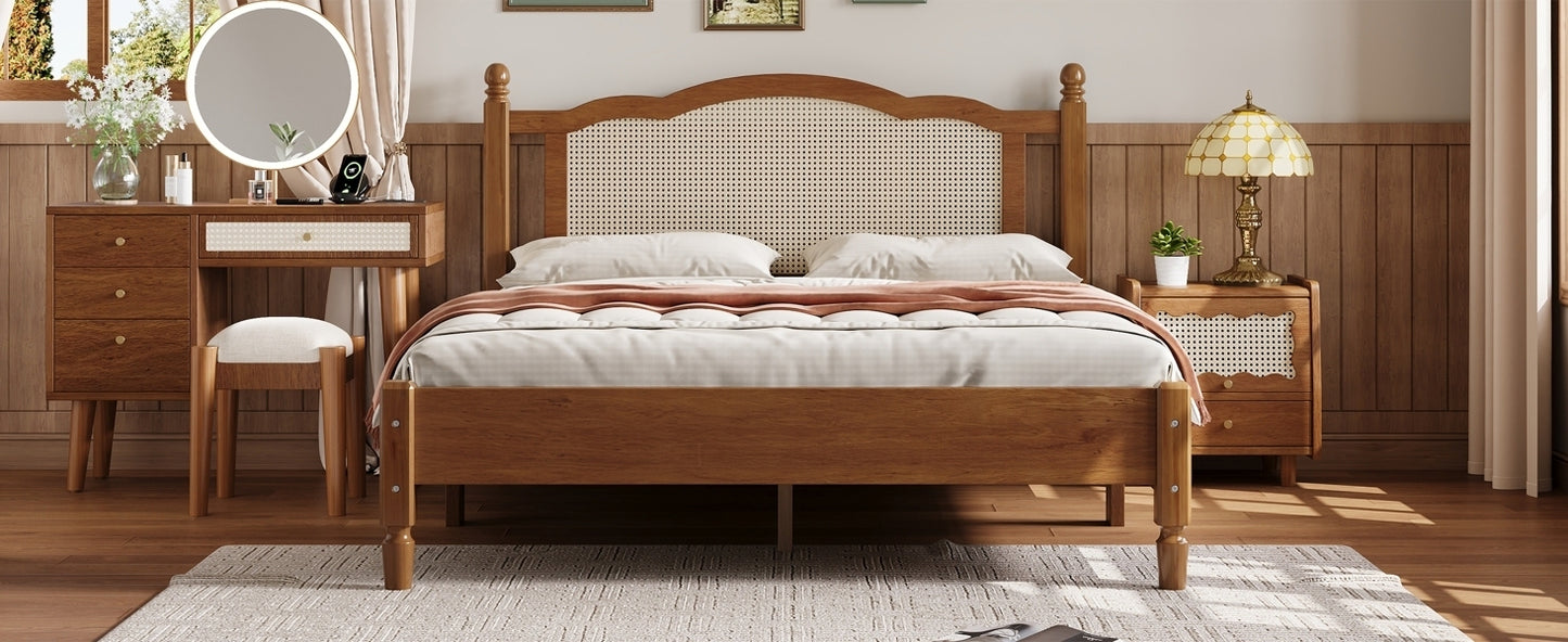 Queen Size Wooden Platform Bed with Natural Rattan Headboard, Vintage Bed Frame with Wooden Slat Support, Walnut (Expected Arrival Time: 08.23)