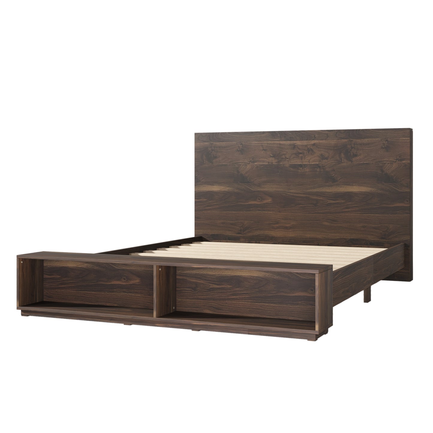 King Size Wood Platform Bed with Storage Bench in Walnut