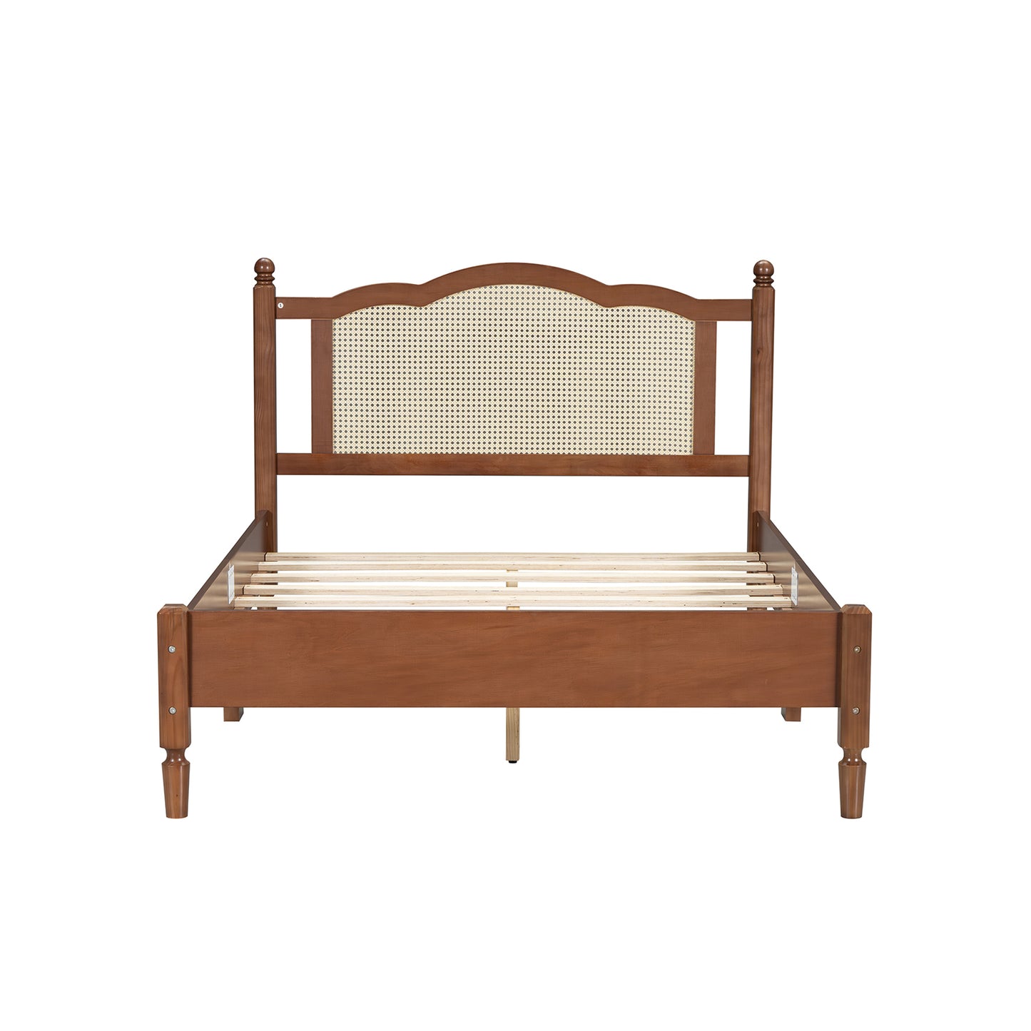 Full Size Wooden Platform Bed with Natural Rattan Headboard, Vintage Bed Frame with Wooden Slat Support, Walnut (Expected Arrival Time: 08.23)