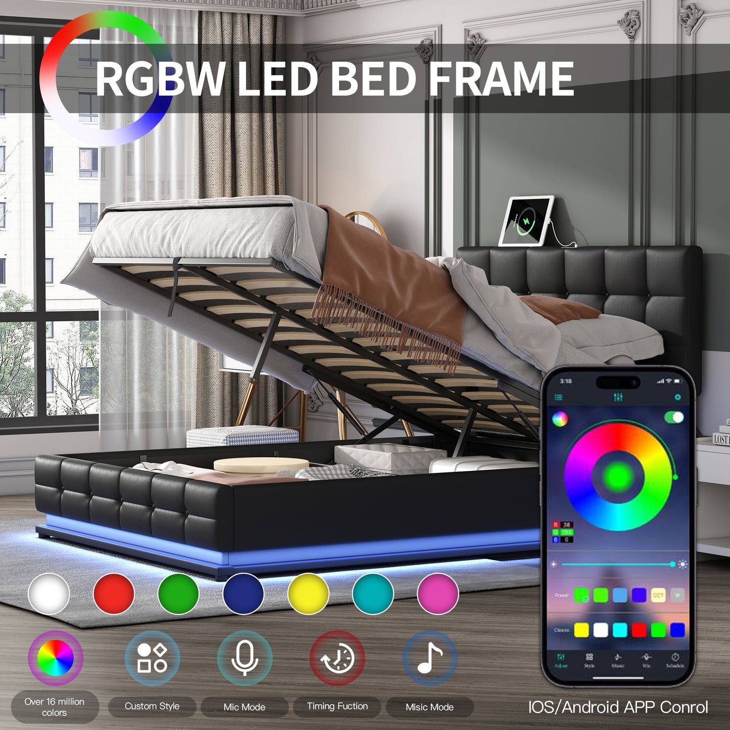 3-Pieces Bedroom Sets,Queen Size Upholstered Bed with LED Lights,Hydraulic Storage System and USB Charging Station, Two Nightstands with Crystal Decoration,Black