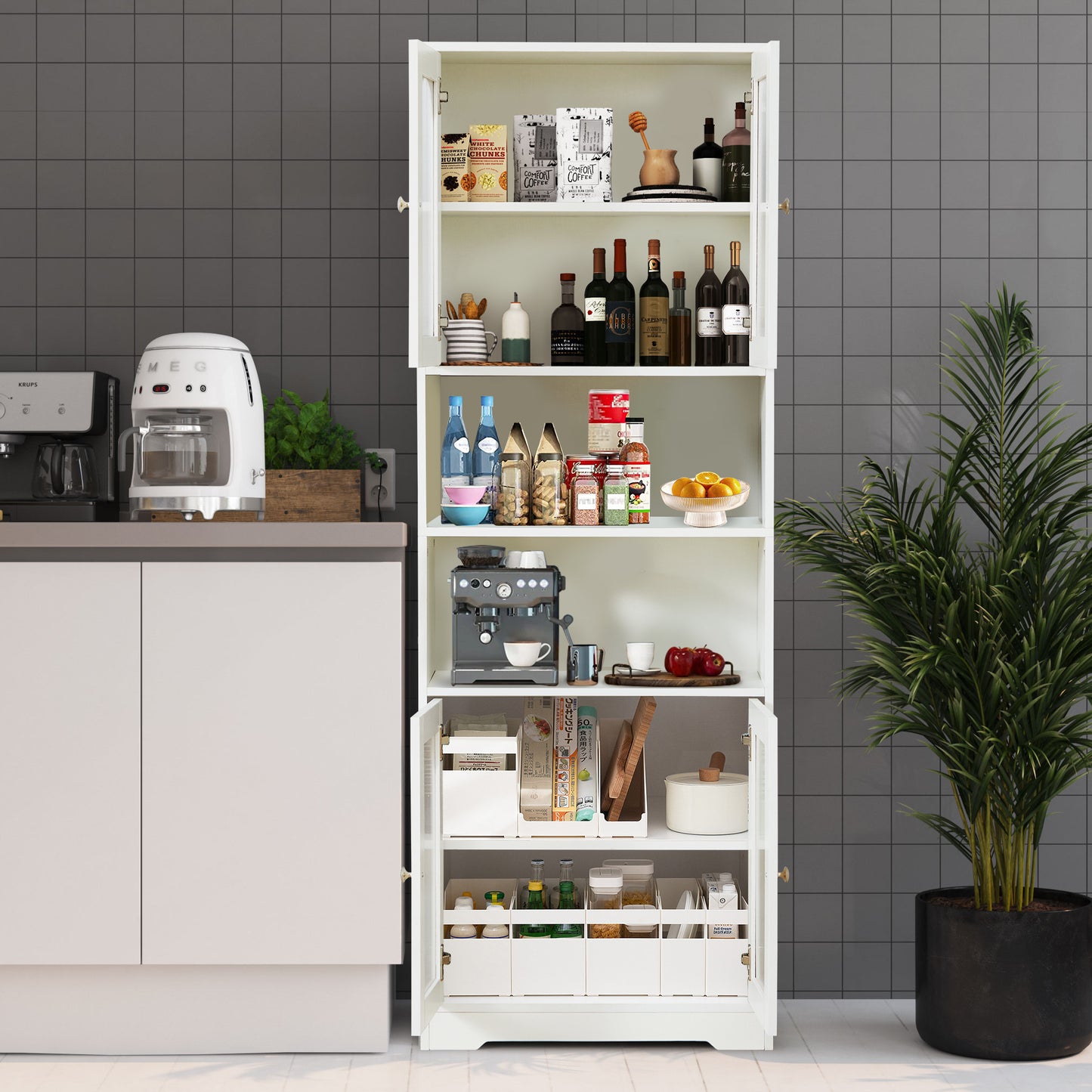 67" Tall Bathroom Storage Cabinet with Doors and Shelves, Towel Cabinet for Bathroom Freestanding, Linen Cabinet for Bathroom Storage 6 Tier, White Kitchen Pantry Cabinet Wood