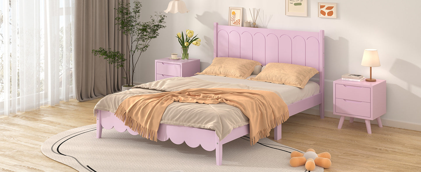 Full Size Wood Platform Bed Frame, Retro Style  Bed with Rectangular Headboard,No Need Box Spring,Pink