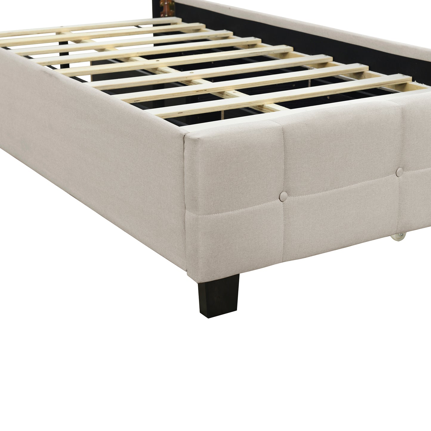 Twin Size Upholstered Platform Bed with LED Frame and 2 Drawers, Linen Fabric, Beige