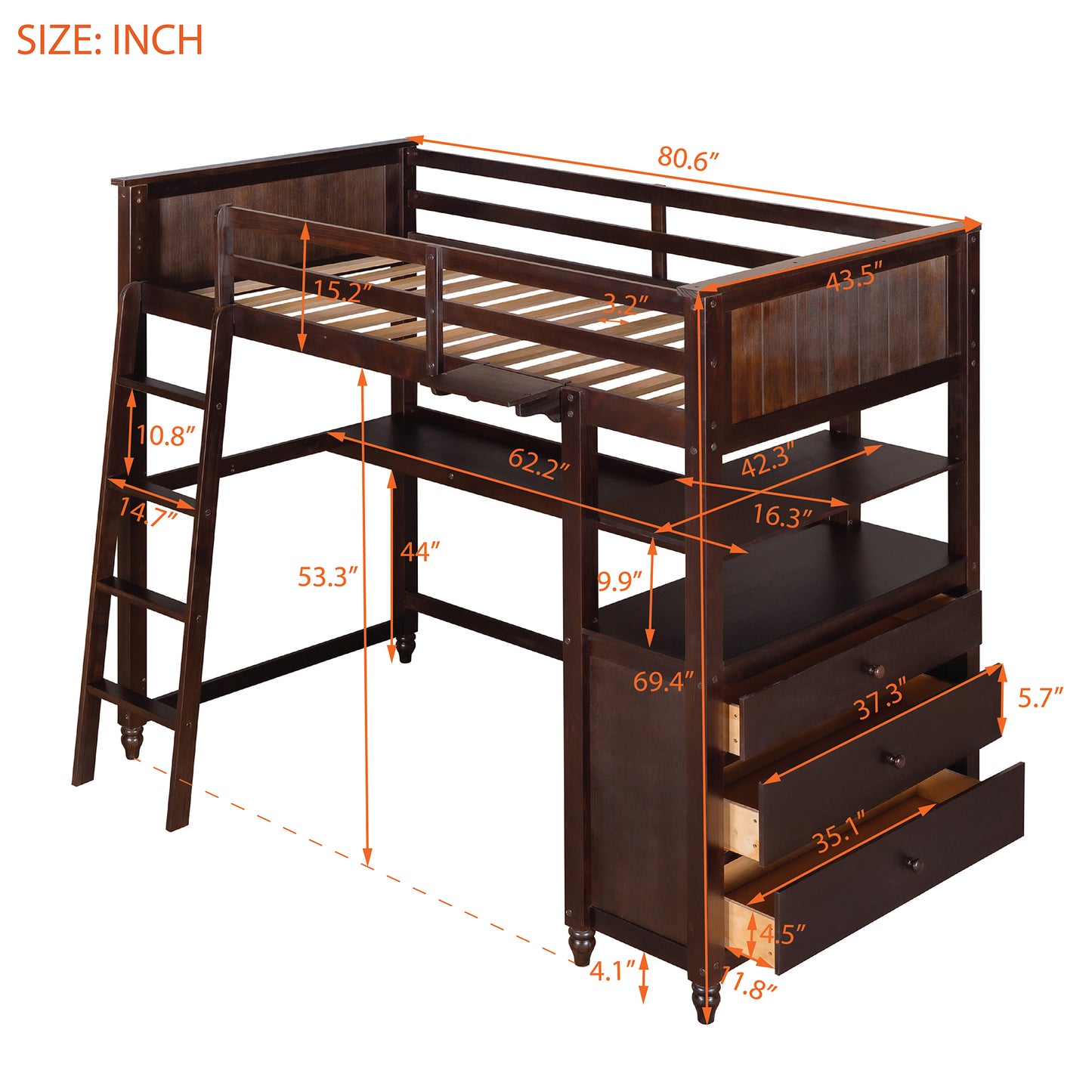 Twin size Loft Bed with Drawers and Desk, Wooden Loft Bed with Shelves - Espresso(OLD SKU: LP000530AAP)