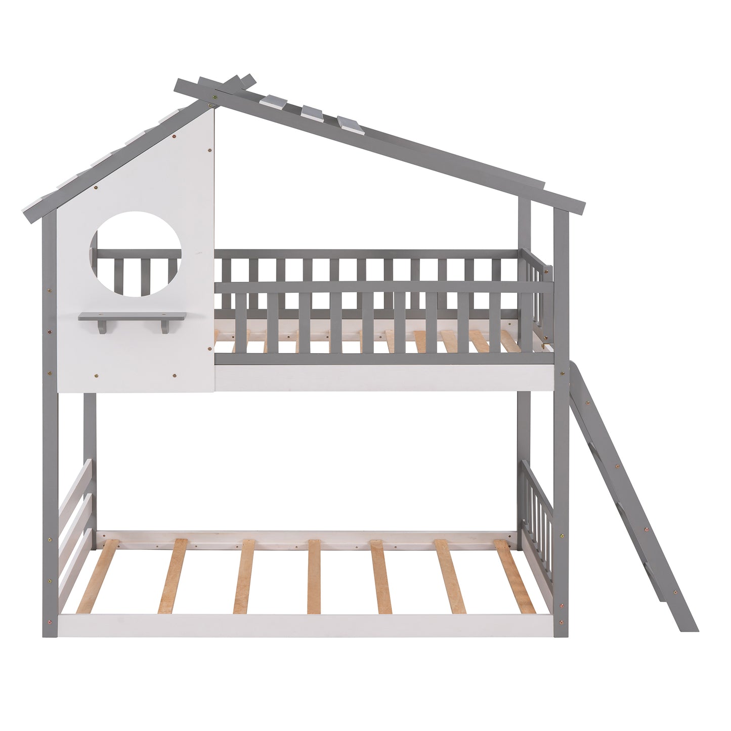 Twin Over Twin Bunk Bed Wood Bed with Roof, Window, Ladder ( Gray)(OLD SKU :LP000008AAE)