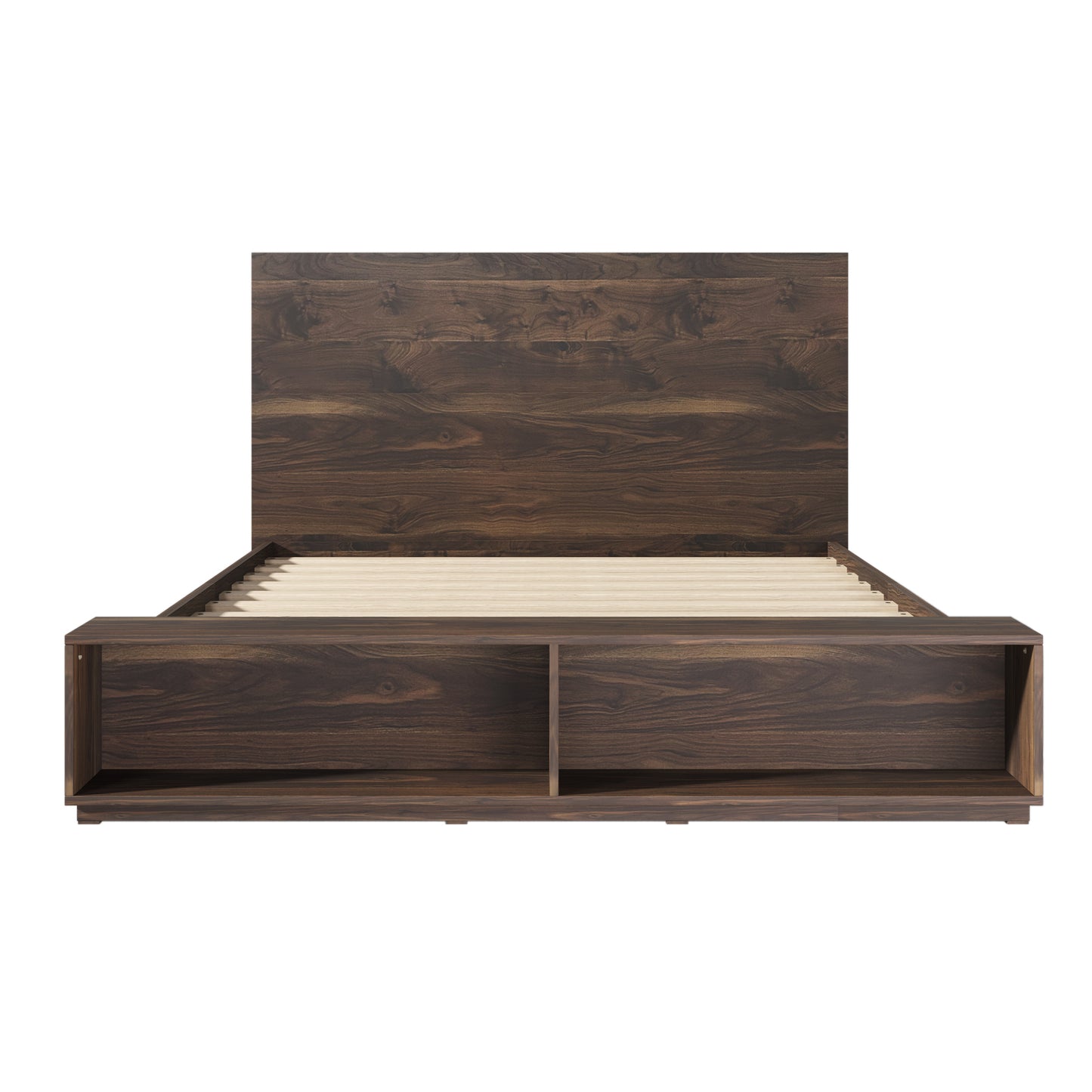 King Size Wood Platform Bed with Storage Bench in Walnut