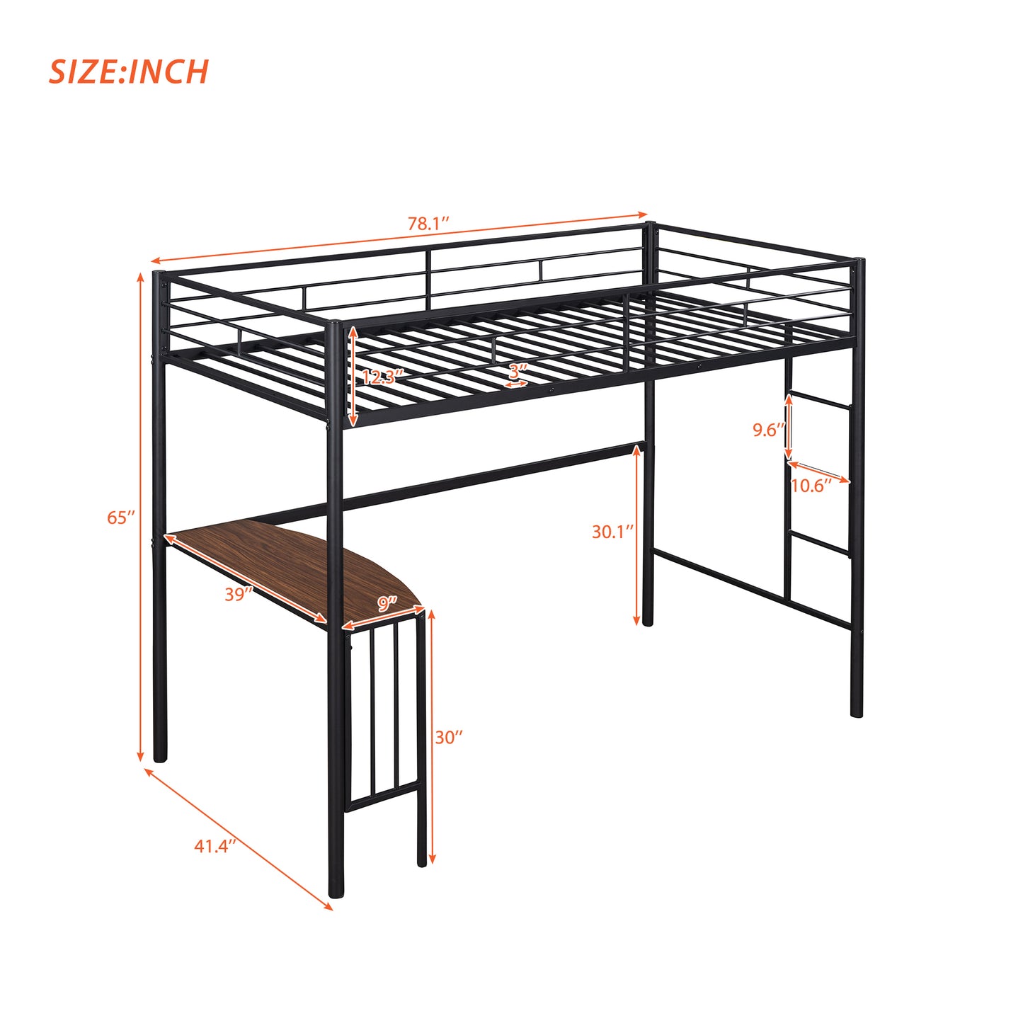 Twin Metal Bunk Bed with Desk, Ladder and Guardrails, Loft Bed for Bedroom, Black(OLD SKU : MF195191AAB)