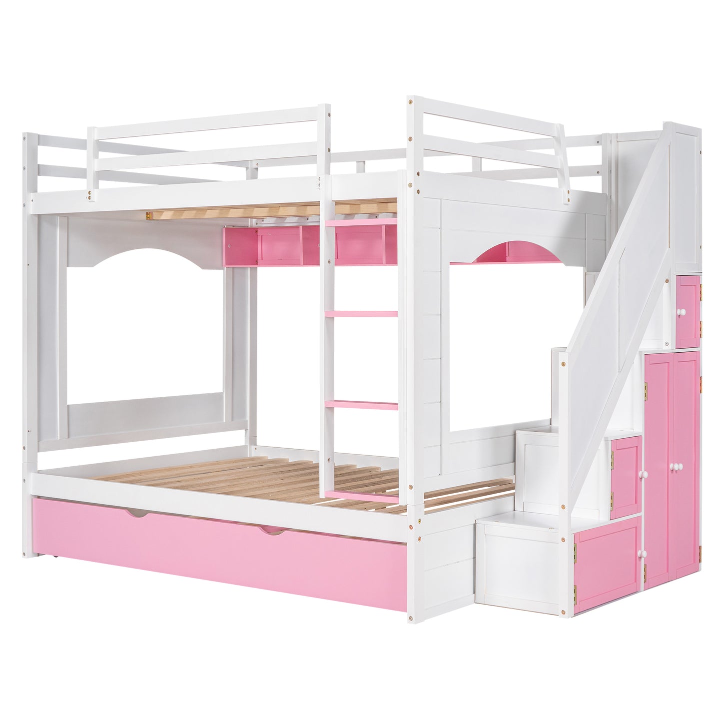 Full Over Full Bunk Bed with Trundle ,Stairs,Ladders Solid Wood Bunk bed with Storage Cabinet (White + Pink)