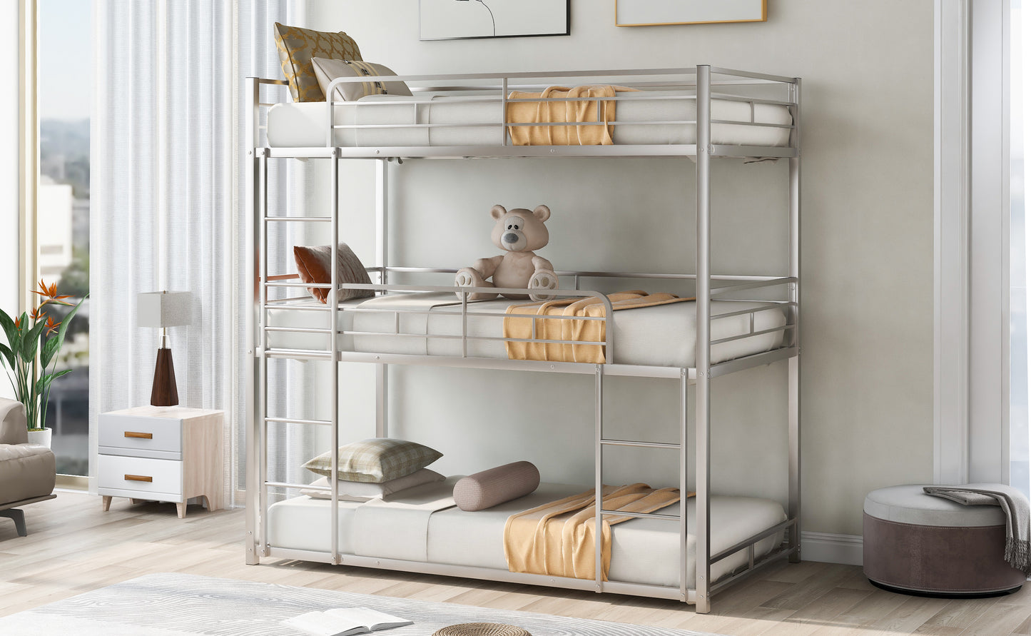 Metal Twin Size Triple Bunk Bed, Silver