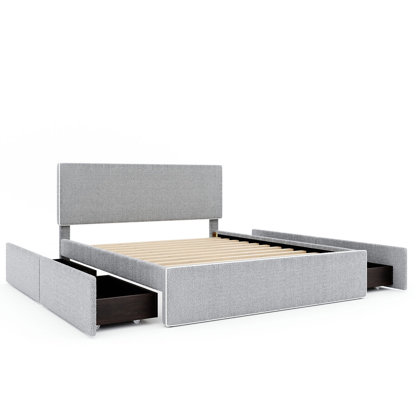 Queen Size Upholstered Platform Bed with 4 Drawers and White Edge on the Headboard & Footboard, Gray