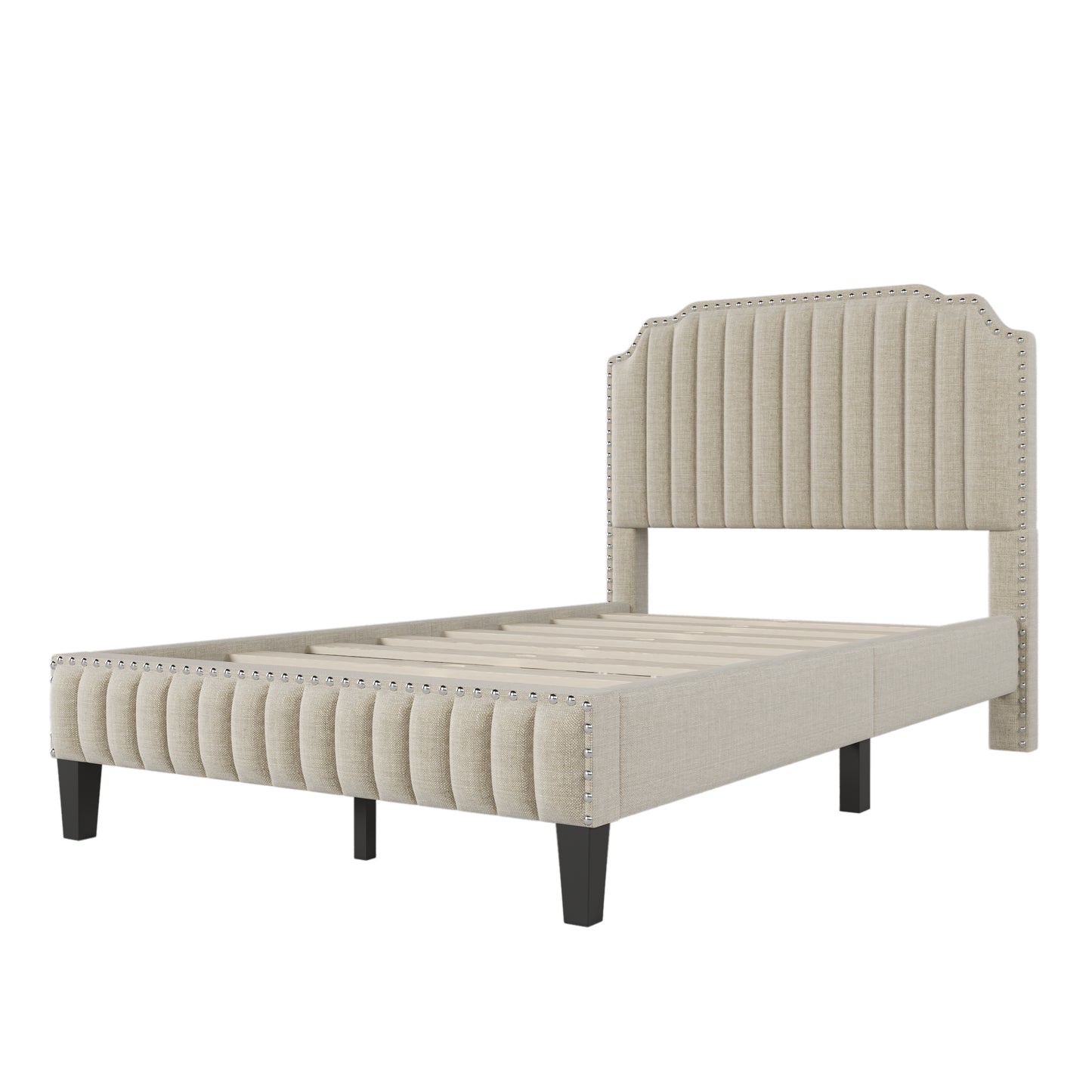 Modern Linen Curved Upholstered Platform Bed , Solid Wood Frame , Nailhead Trim, Beige (Full)