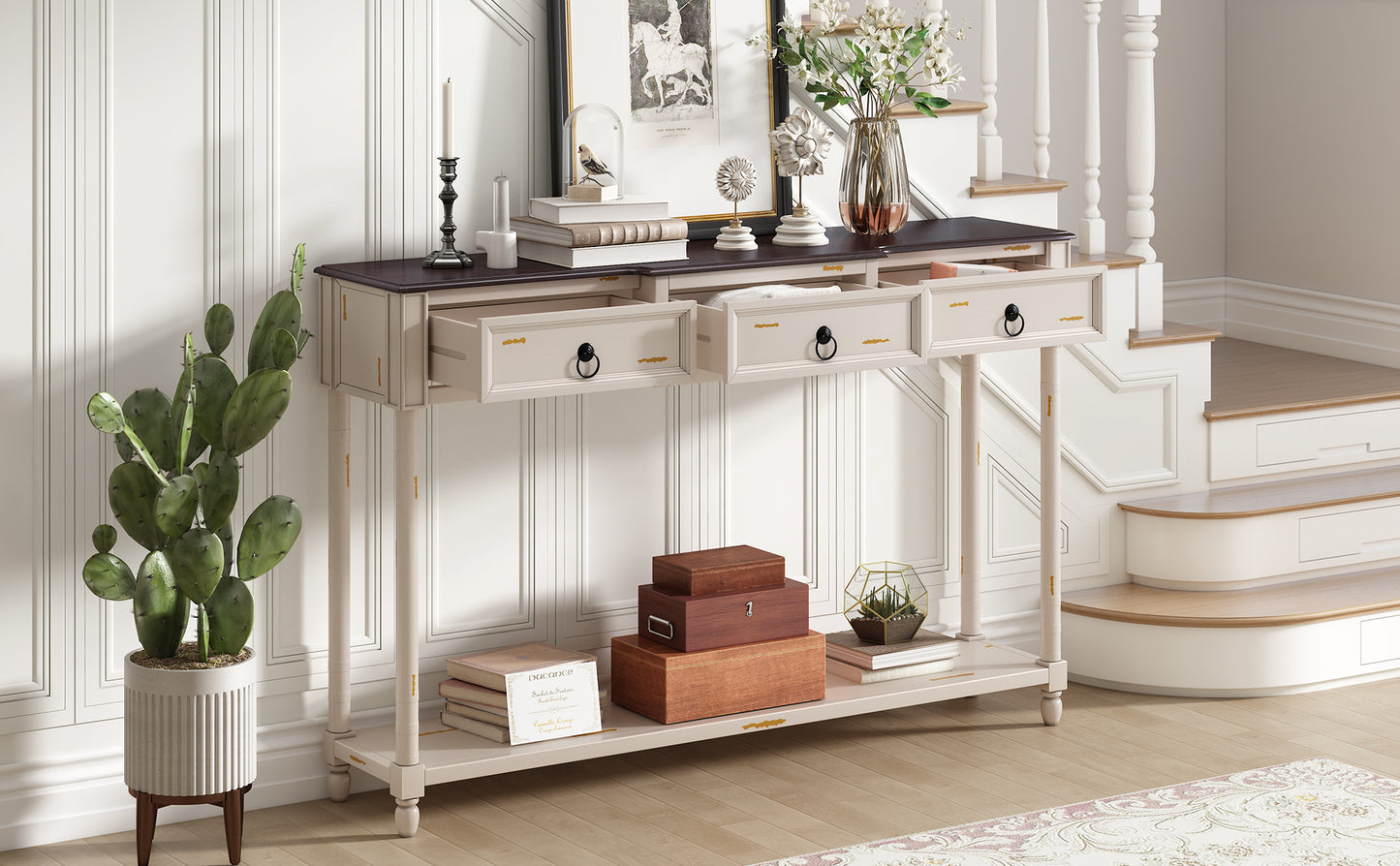 TREXM Console Table Sofa Table with Drawers for Entryway with Projecting Drawers and Long Shelf (Beige, OLD SKU: WF189574AAD)