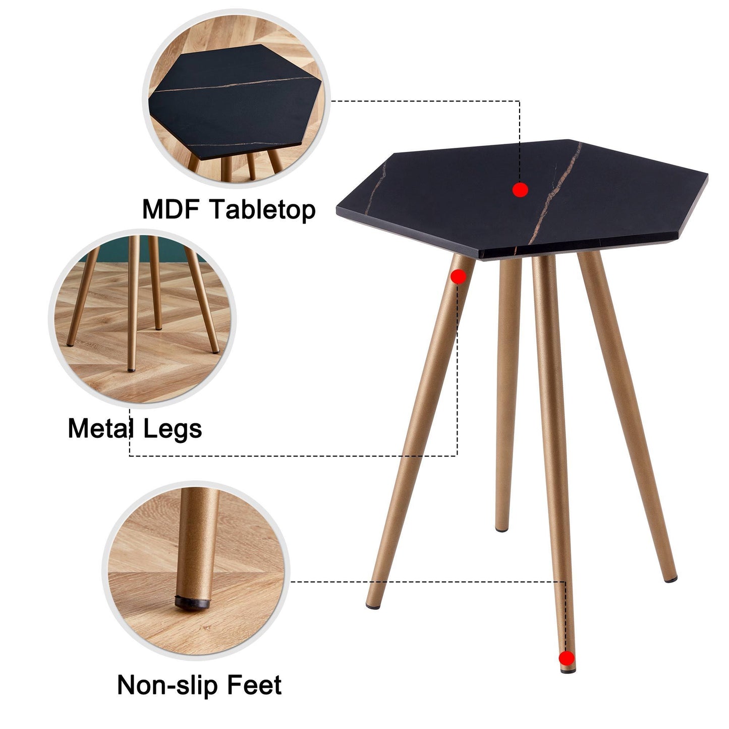 Modern Minimalism Black Faux Marble End&Side Table, Small Accent Coffee Table with Dark Gold Metal Legs, Hexagon Nightstand for Living Room,Bedroom, Apartment Small Space ( MDF Tabletop + Metal Legs )