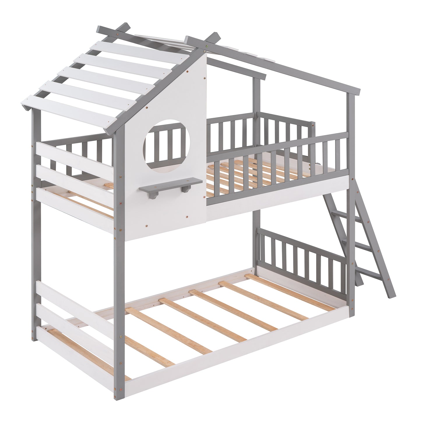 Twin Over Twin Bunk Bed Wood Bed with Roof, Window, Ladder ( Gray)(OLD SKU :LP000008AAE)