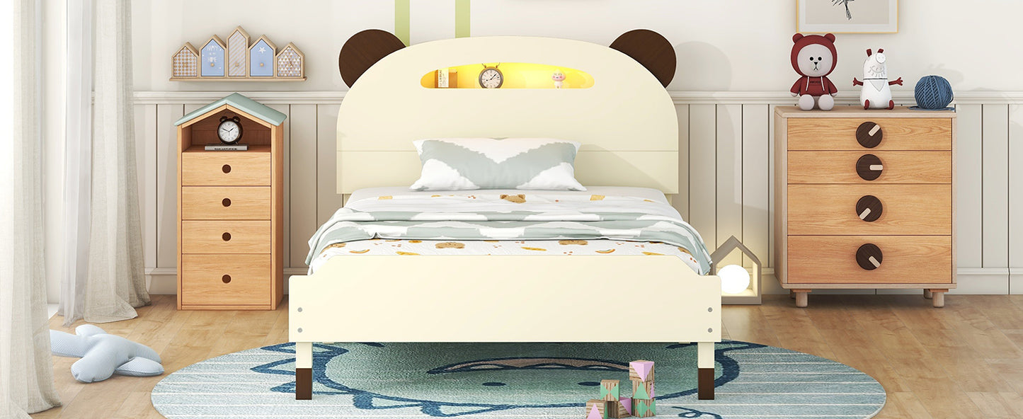 Twin Size Wood Platform Bed with Bear-shaped Headboard,Bed with Motion Activated Night Lights,Cream+Walnut
