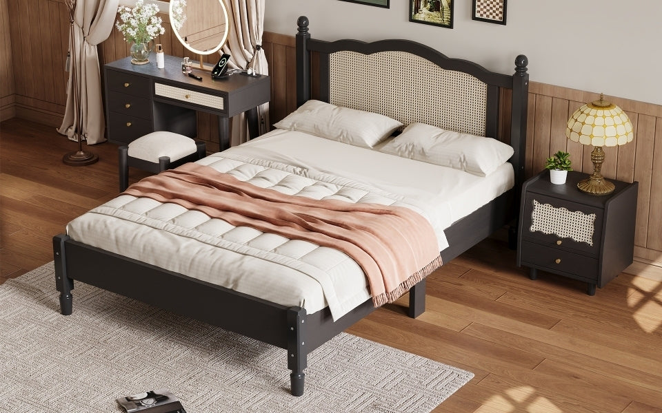 Full Size Wooden Platform Bed with Natural Rattan Headboard, Vintage Bed Frame with Wooden Slat Support, Black (Expected Arrival Time: 08.23)
