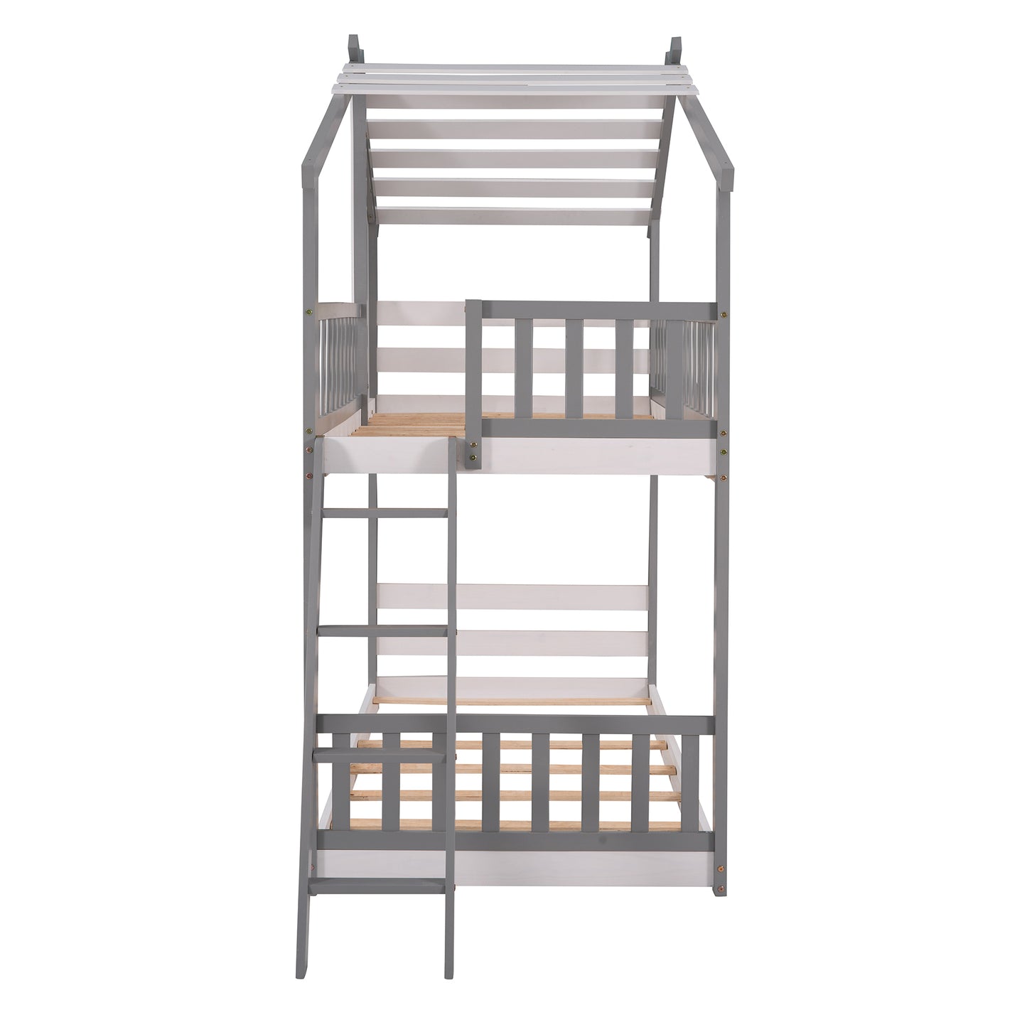 Twin Over Twin Bunk Bed Wood Bed with Roof, Window, Ladder ( Gray)(OLD SKU :LP000008AAE)
