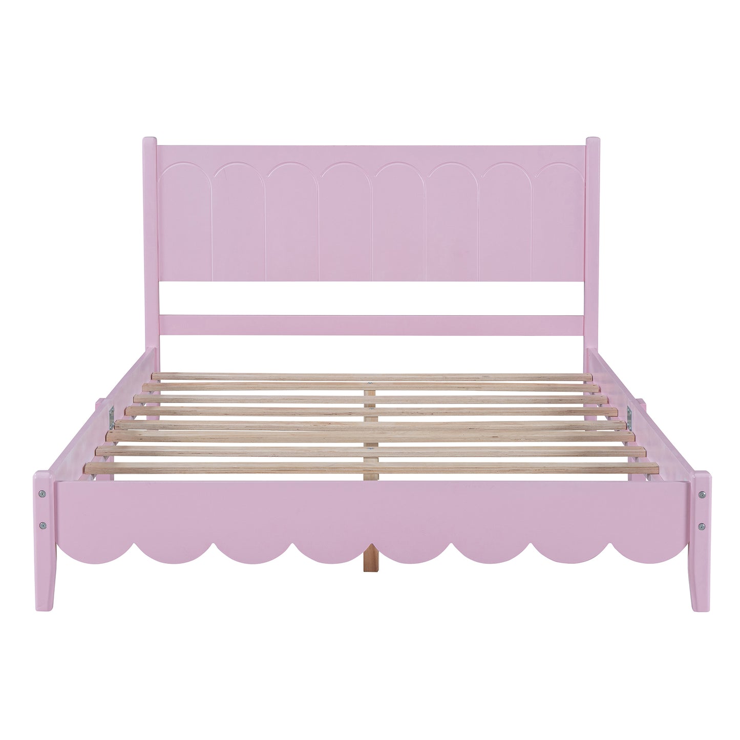 Full Size Wood Platform Bed Frame, Retro Style  Bed with Rectangular Headboard,No Need Box Spring,Pink