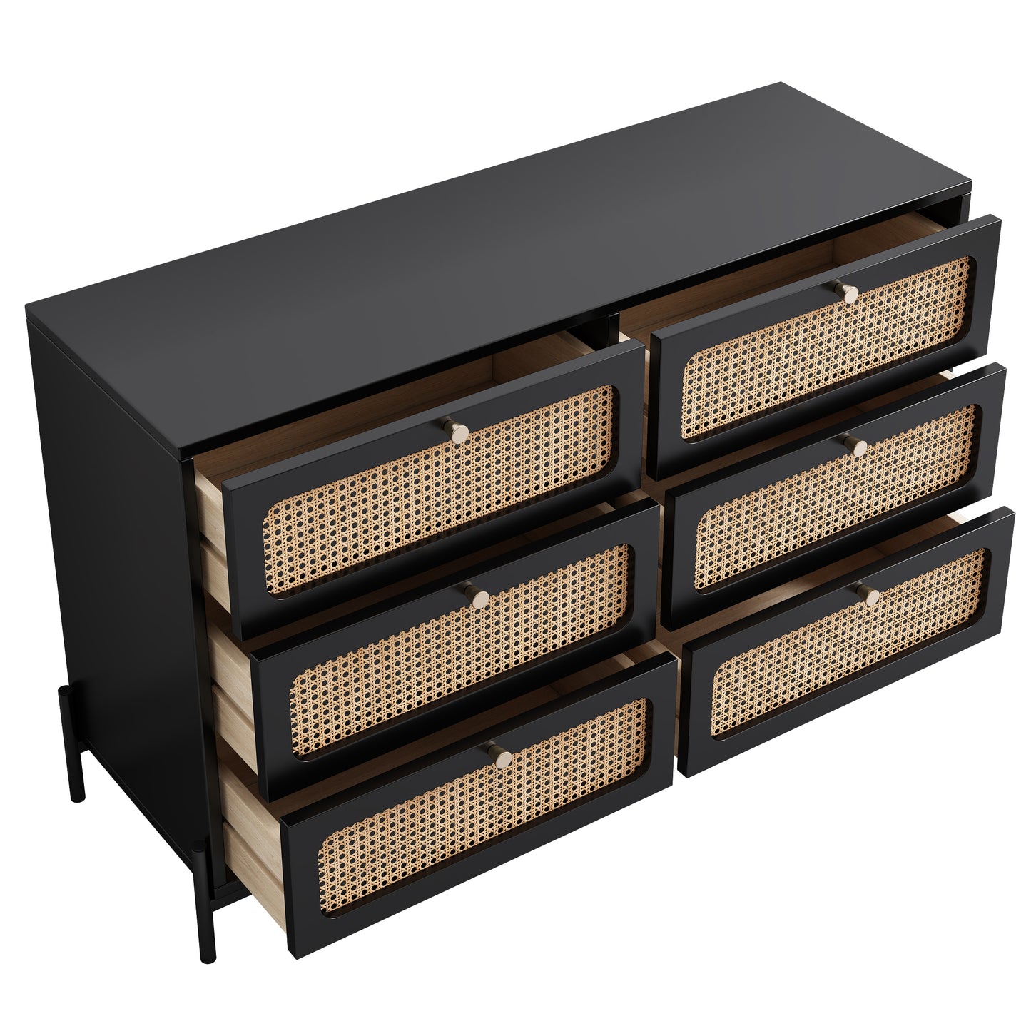 Modern Cannage Rattan Wood Closet 6-Drawer Dresser Wood Storage Cabinet Sideboard for Bedroom, Living Room, Entryway, Hallway, Black