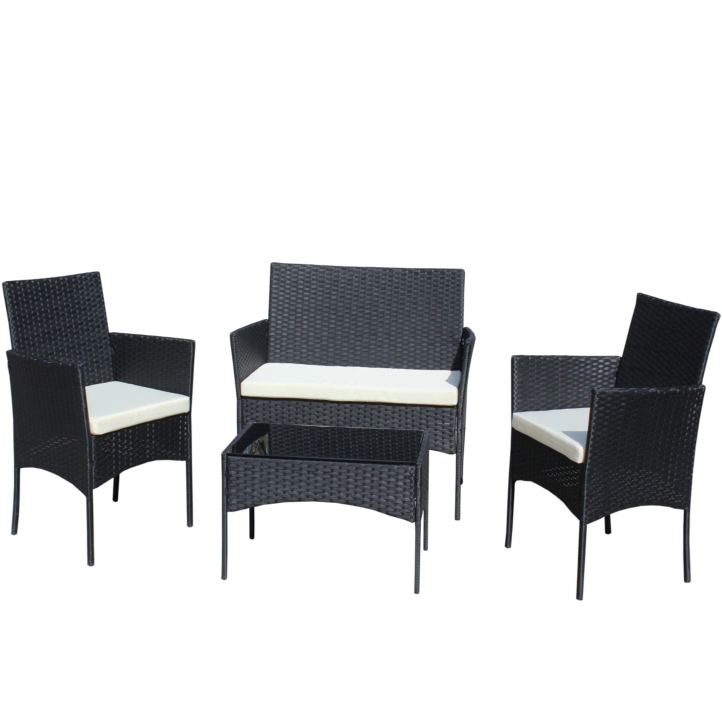 4 PC Rattan Patio Furniture Set Outdoor Patio Cushioned Seat Wicker Sofa (Beige Cushion)