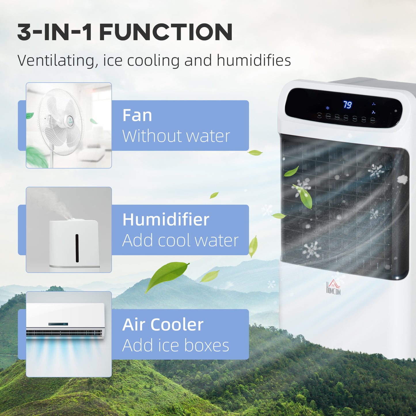 HOMCOM 32" Mobile Evaporative Air Cooler, 3-In-1 Ice Cooling Fan Water Conditioner Humidifier Unit with Remote, Timer, Oscillating, LED Display, 3.2gal Water Tank for Home Office, Bedroom, White