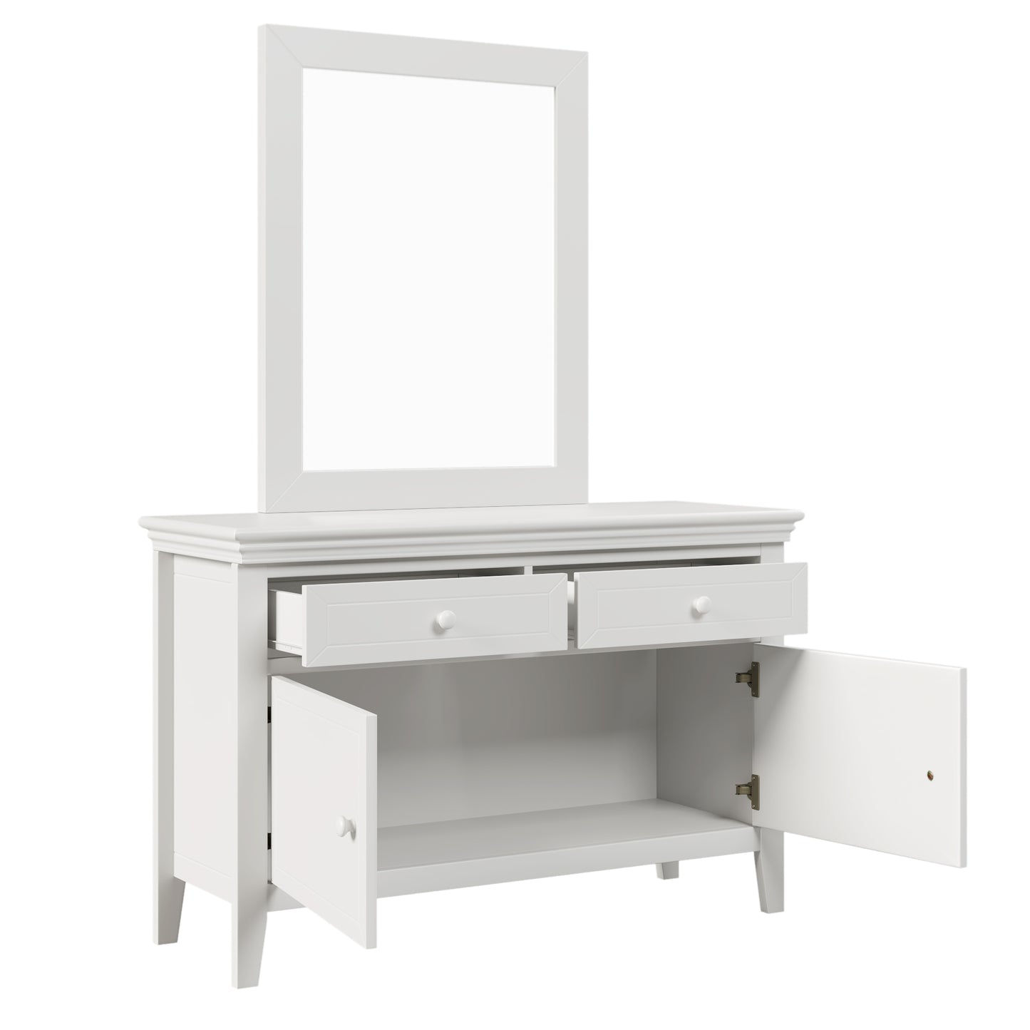 4 Pieces Traditional Concise Style White Bedroom Sets, Nightstand+ Dresser+ Mirror+King Bed