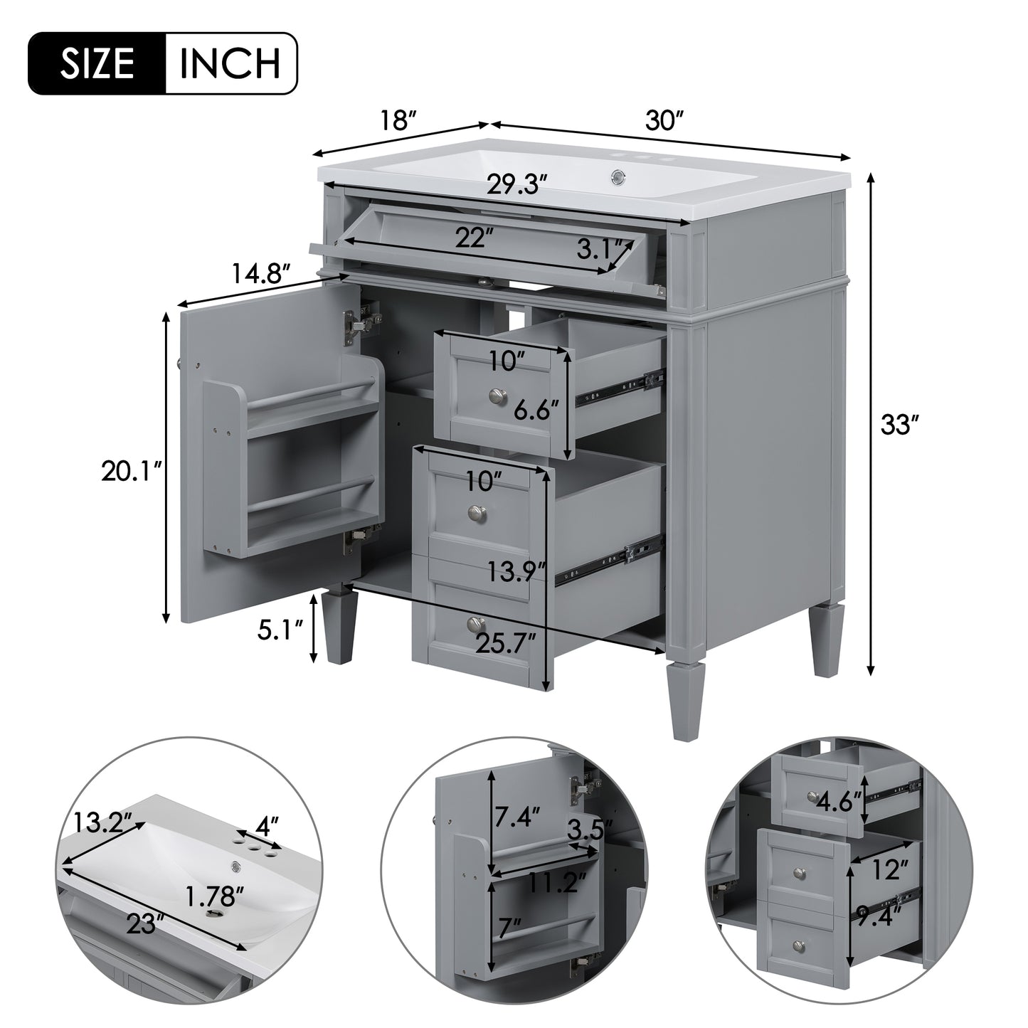 30'' Bathroom Vanity with Top Sink, Modern Bathroom Storage Cabinet with 2 Drawers and a Tip-out Drawer, Freestanding Vanity Set with Mirror Cabinet, Single Sink Bathroom Vanity