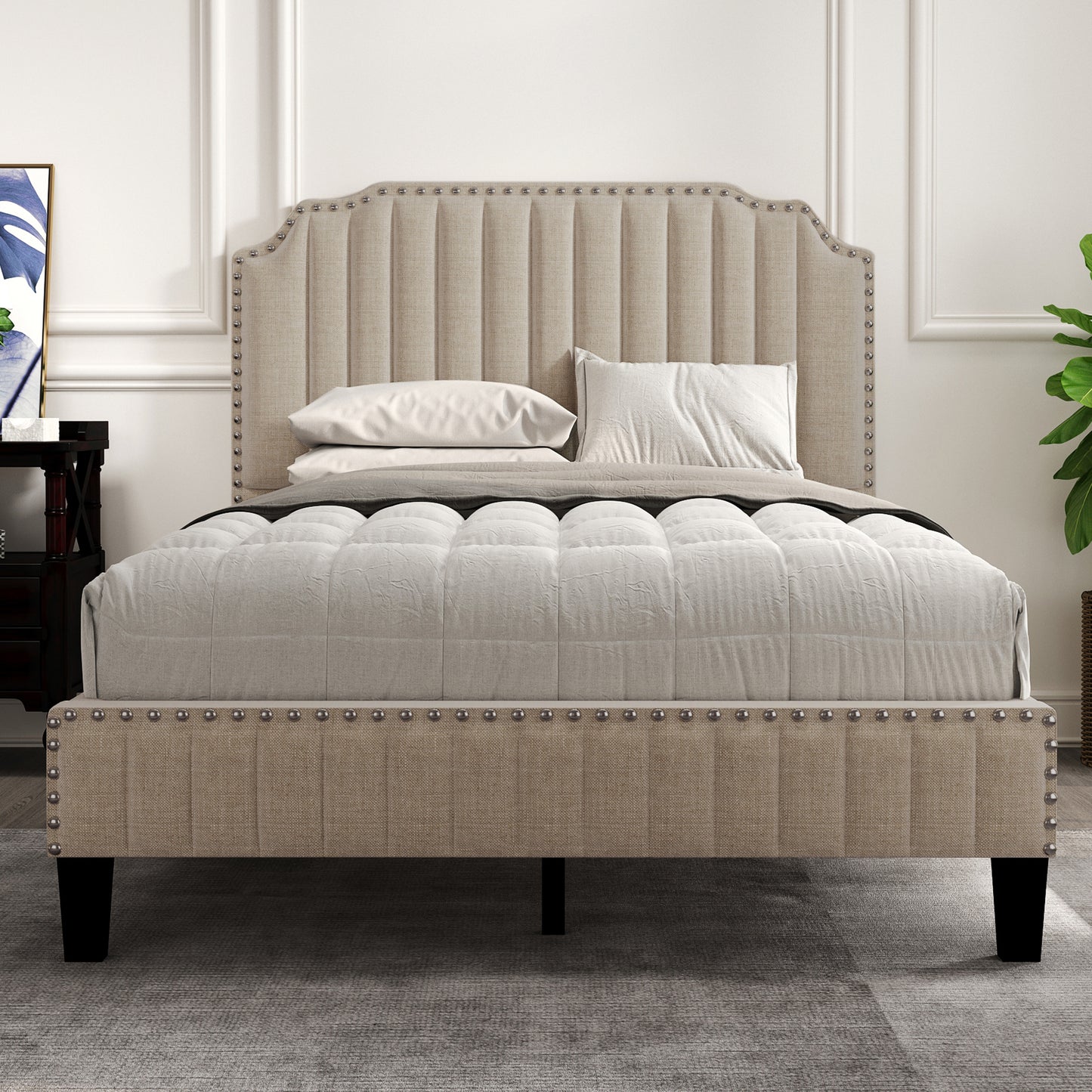 Modern Linen Curved Upholstered Platform Bed , Solid Wood Frame , Nailhead Trim, Beige (Full)
