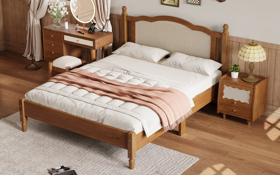 Queen Size Wooden Platform Bed with Natural Rattan Headboard, Vintage Bed Frame with Wooden Slat Support, Walnut (Expected Arrival Time: 08.23)