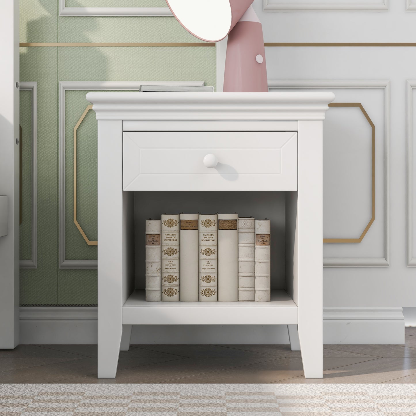 4 Pieces Traditional Concise Style White Bedroom Sets, Nightstand+ Dresser+ Mirror+King Bed