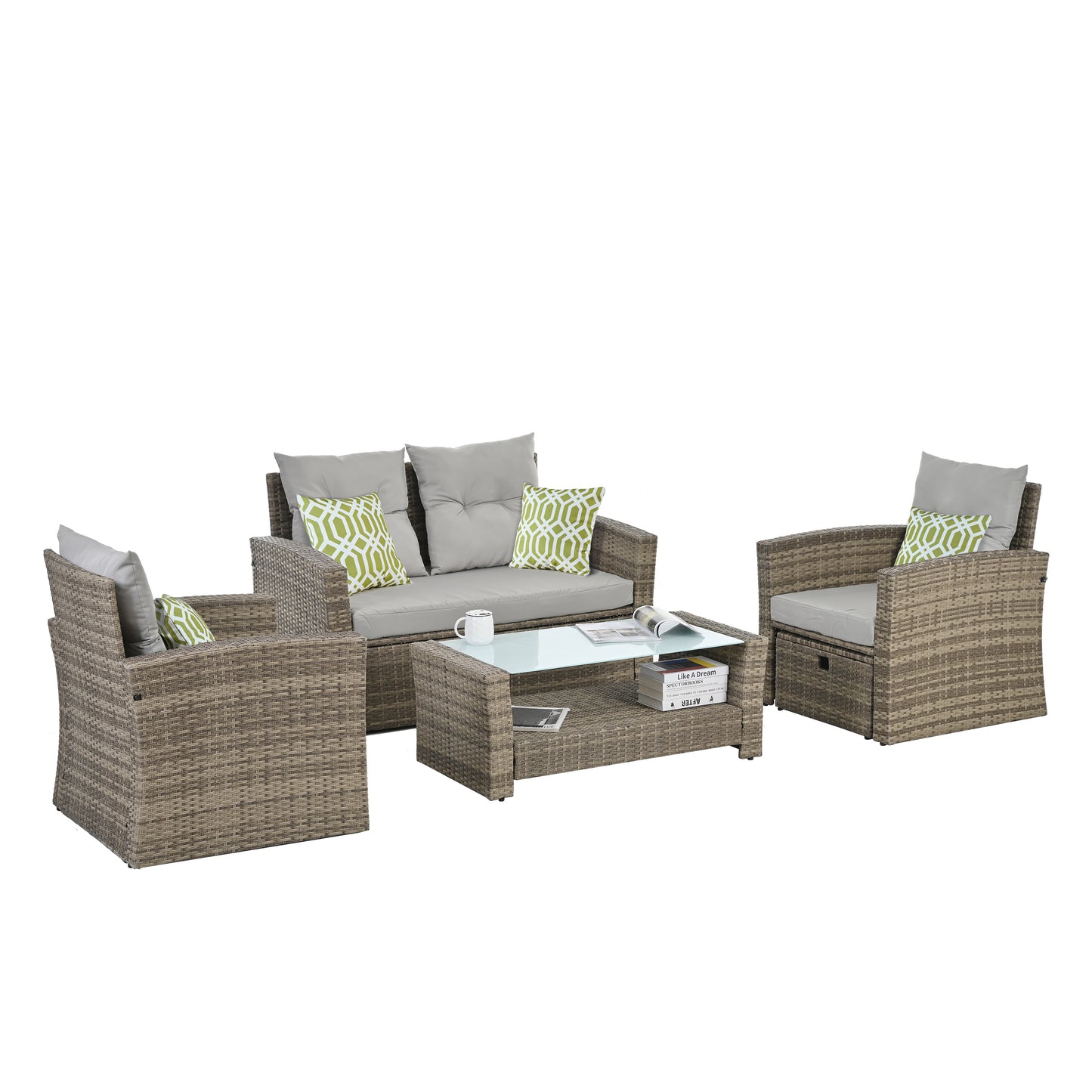 Patio Furniture, Outdoor Furniture, Seasonal PE Wicker Furniture, 6 Set Wicker Furniture With Tempered Glass Coffee Table