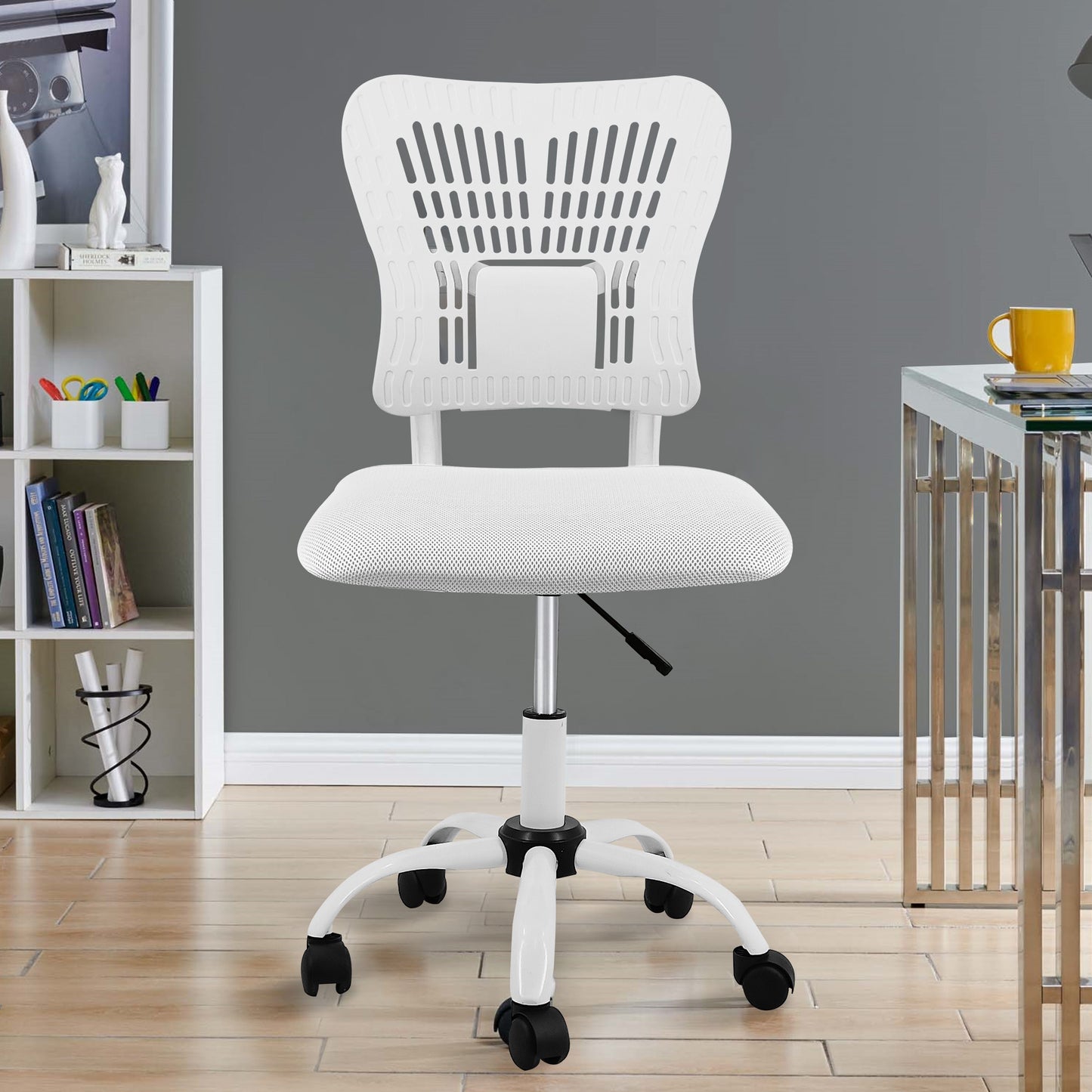 Home Office Chair Ergonomic Desk Chair Mesh Computer Adjustable Height Seat 360° Swivel Gaming Armless Chair-White