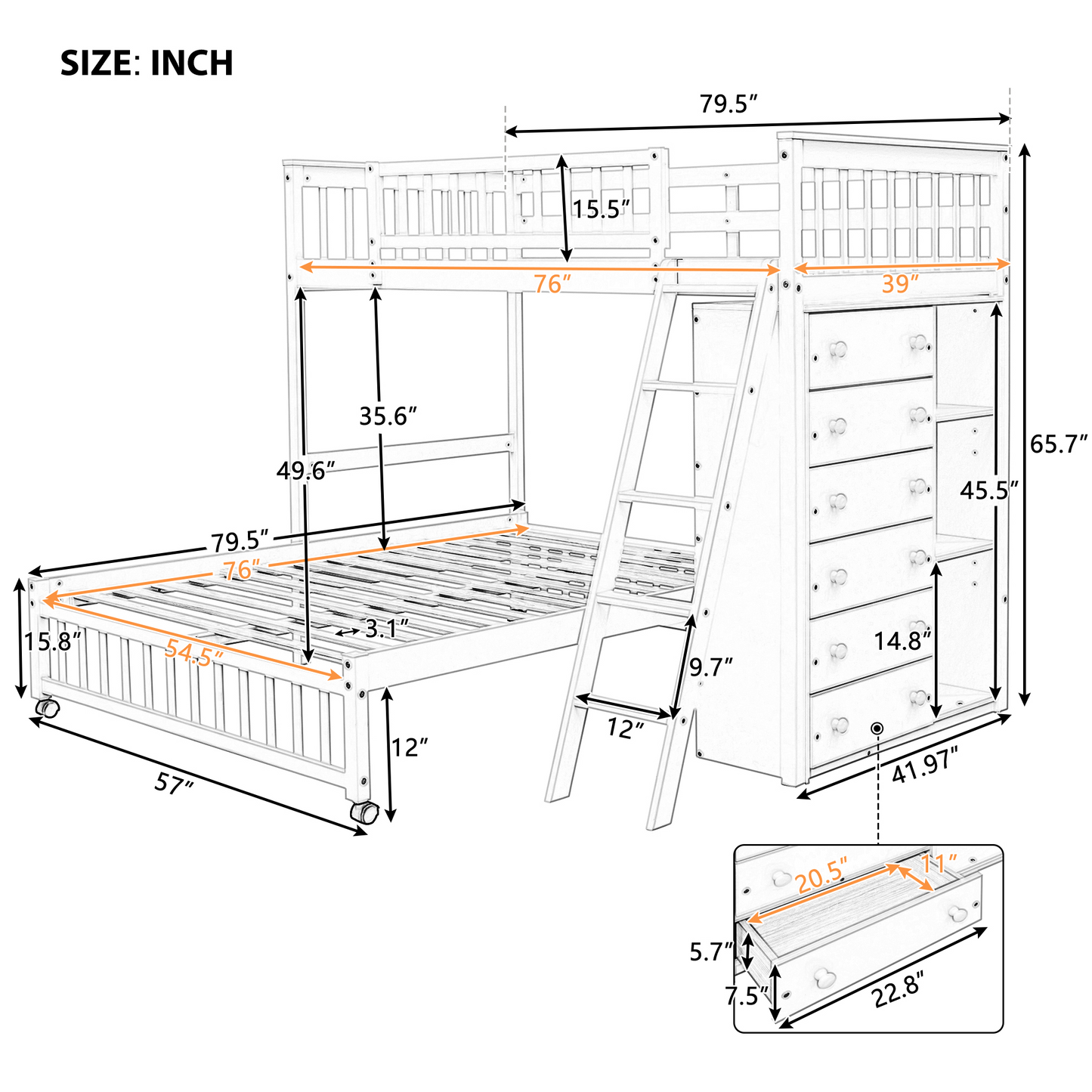 Wooden Twin Over Full Bunk Bed With Six Drawers And Flexible Shelves,Bottom Bed With Wheels,Espresso(OLD SKU:LP000531AAP)