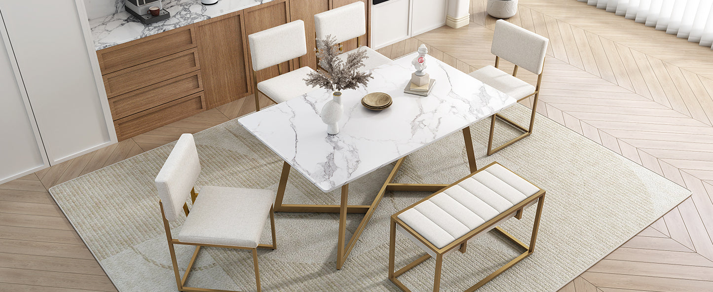 TOPMAX Modern Faux Marble 6-Piece Dining Table Set,60inch Metal Kitchen Table Set with Upholstered Dining Chairs and Bench, Golden