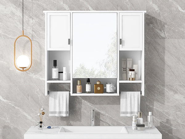 35'' x 28'' Modern Wall Mounted Bathroom Storage Cabinet, Bathroom Wall Cabinet with Mirror, Medicine Cabinet with Towels Bar