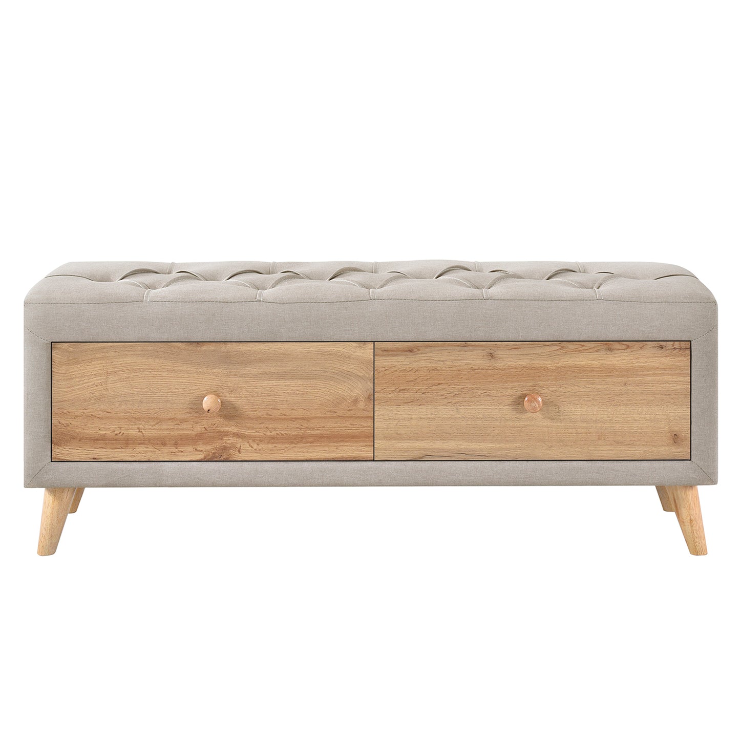 Upholstered Wooden Storage Ottoman Bench with 2 Drawers For Bedroom,Fully Assembled Except Legs and Handles,Padded Seat with Rubber Wood Leg-Beige