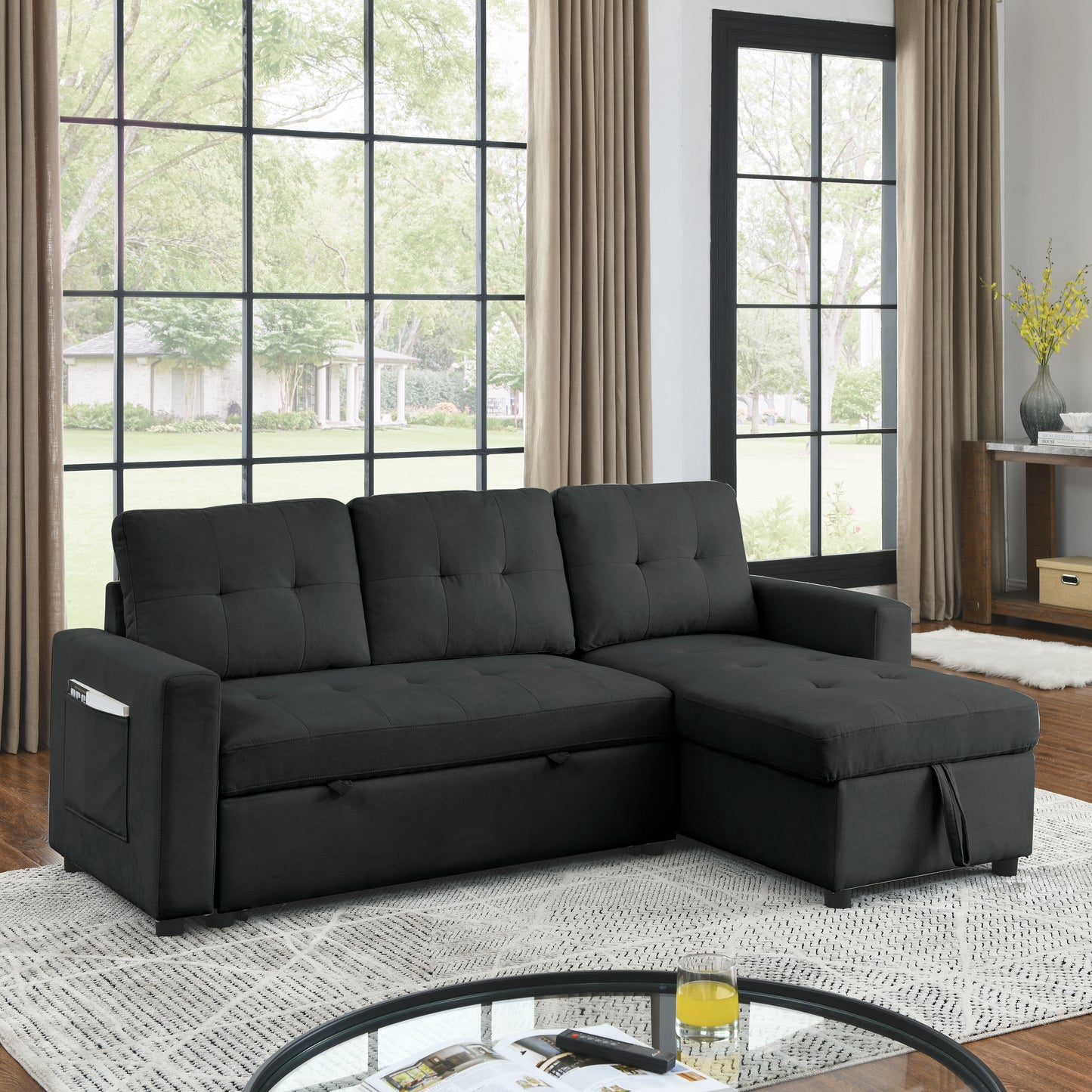 MH 78.5" Sleeper Sofa Bed Reversible Sectional Couch with Storage Chaise and Side storage bag for Small Space Living Room Furniture Set