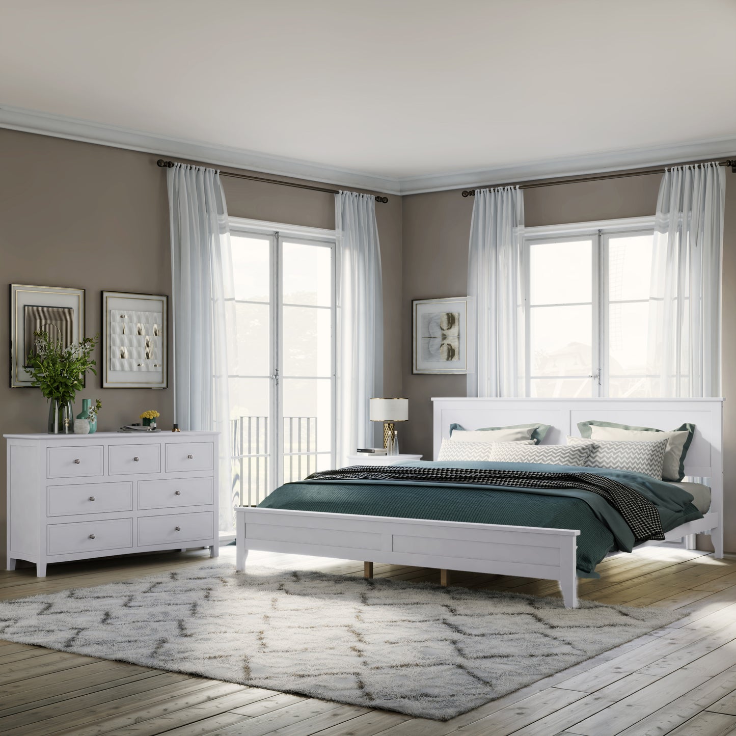 White Solid Wood 3 Pieces King Bedroom Sets