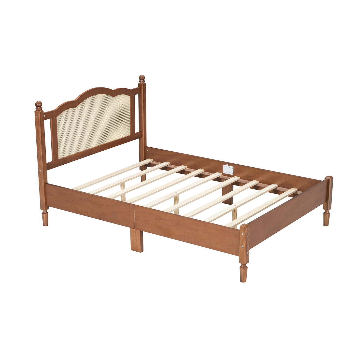 Full Size Wooden Platform Bed with Natural Rattan Headboard, Vintage Bed Frame with Wooden Slat Support, Walnut (Expected Arrival Time: 08.23)
