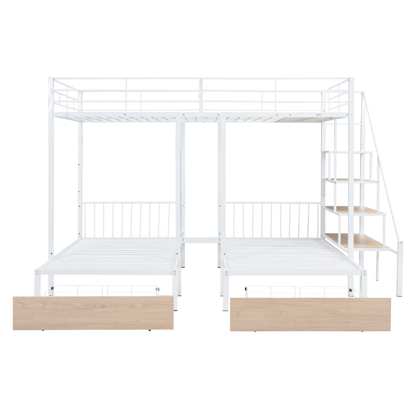 Full over Twin-Twin Triple bunk bed with drawers and staircase, White
