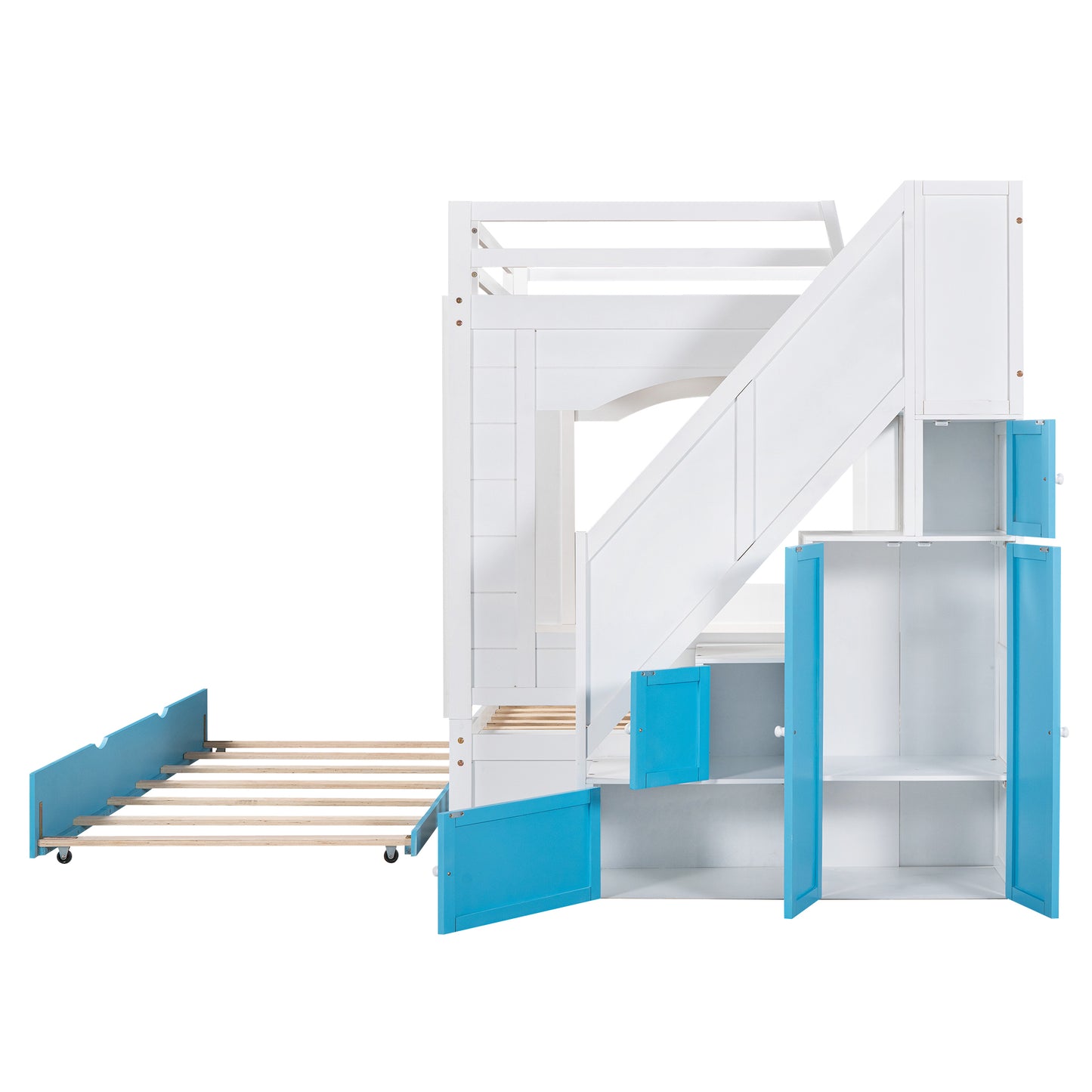 Full Over Full Bunk Bed with Trundle ,Stairs,Ladders Solid Wood Bunk bed with Storage Cabinet (White + Blue)