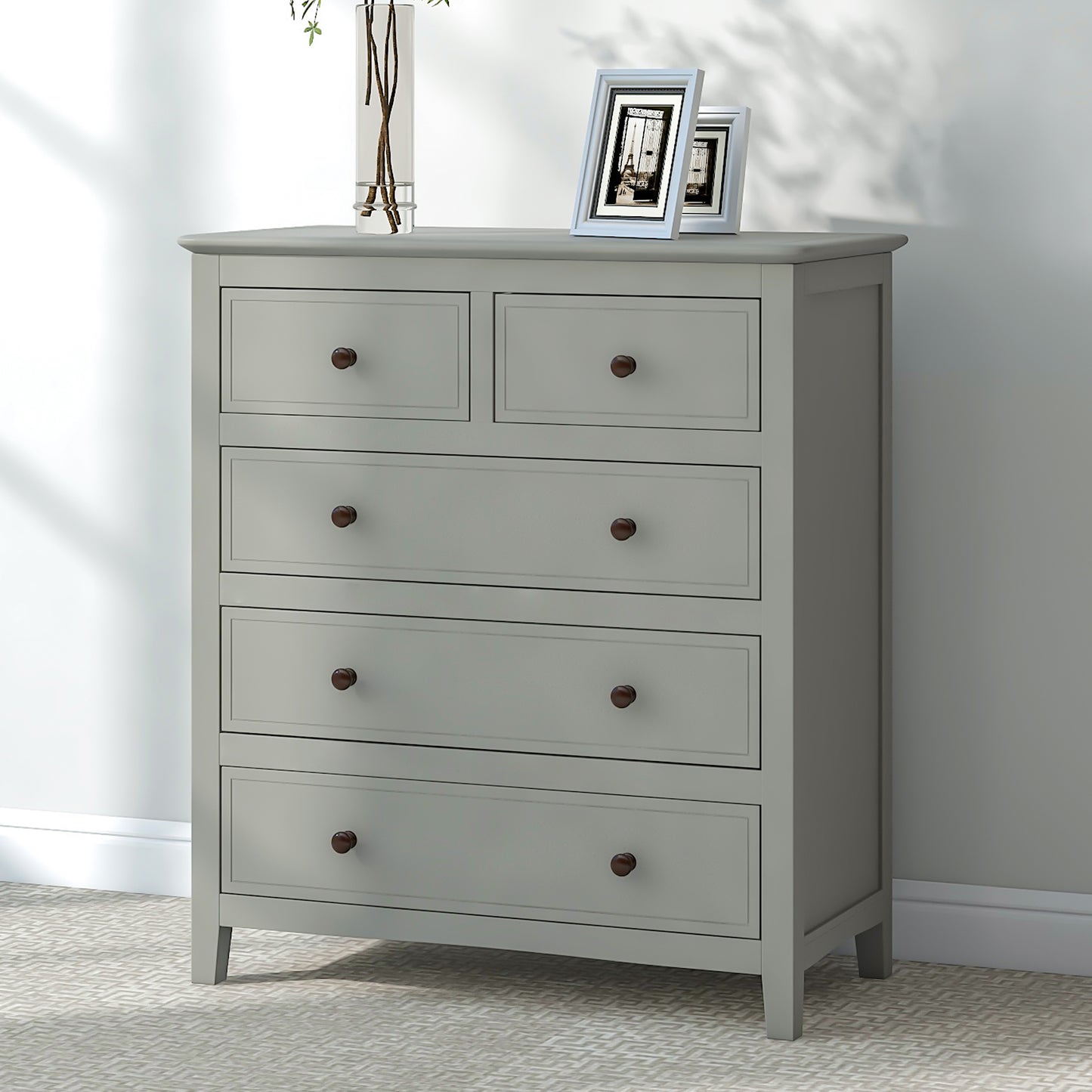 Gray Solid Wood 5 Pieces King Bedroom Sets(bed+nightstand*2+chest+dresser)NEW