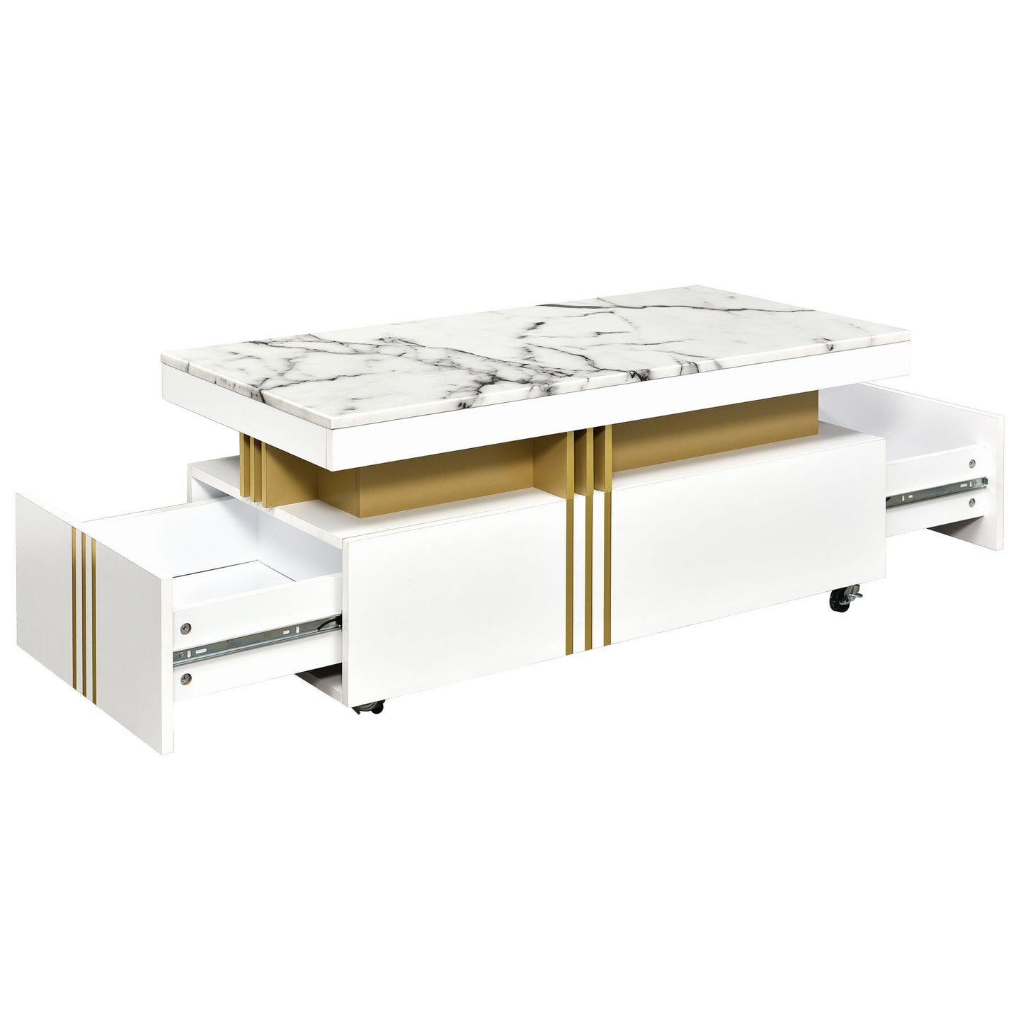 [VIDEO provided] ON-TREND Contemporary Coffee Table with Faux Marble Top, Rectangle Cocktail Table with Caster Wheels, Moderate Luxury Center Table with Gold Metal Bars for Living Room, White