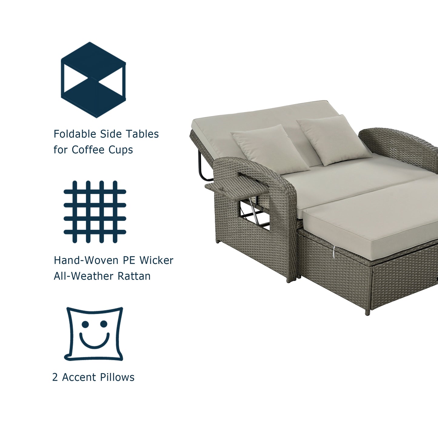 TOPMAX PE Wicker Rattan Double Chaise Lounge, 2-Person Reclining Daybed with Adjustable Back and Cushions, Free Furniture Protection Cover,Gray