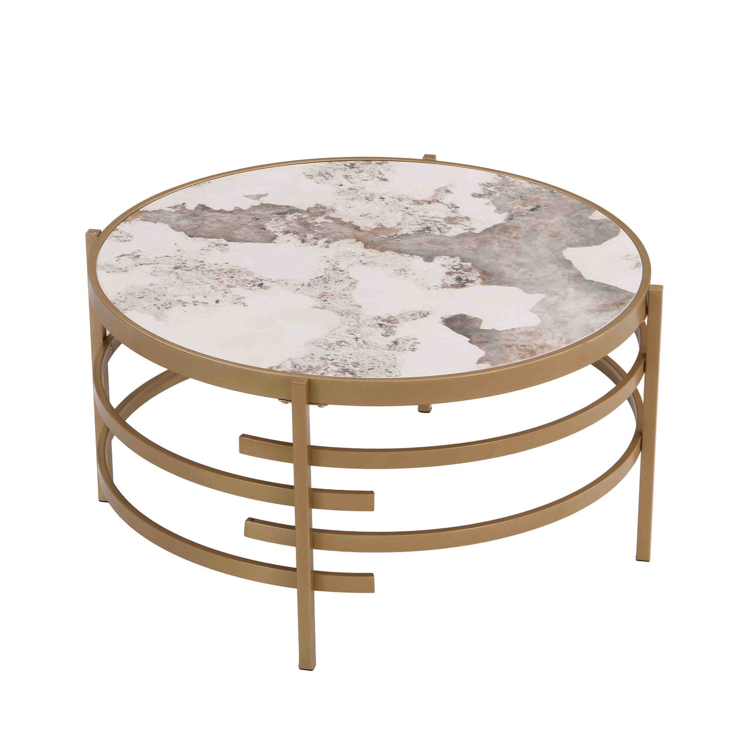 32.48'' Round  Coffee Table With Sintered Stone Top&Sturdy Metal Frame, Modern Coffee Table for Living Room, Golden
