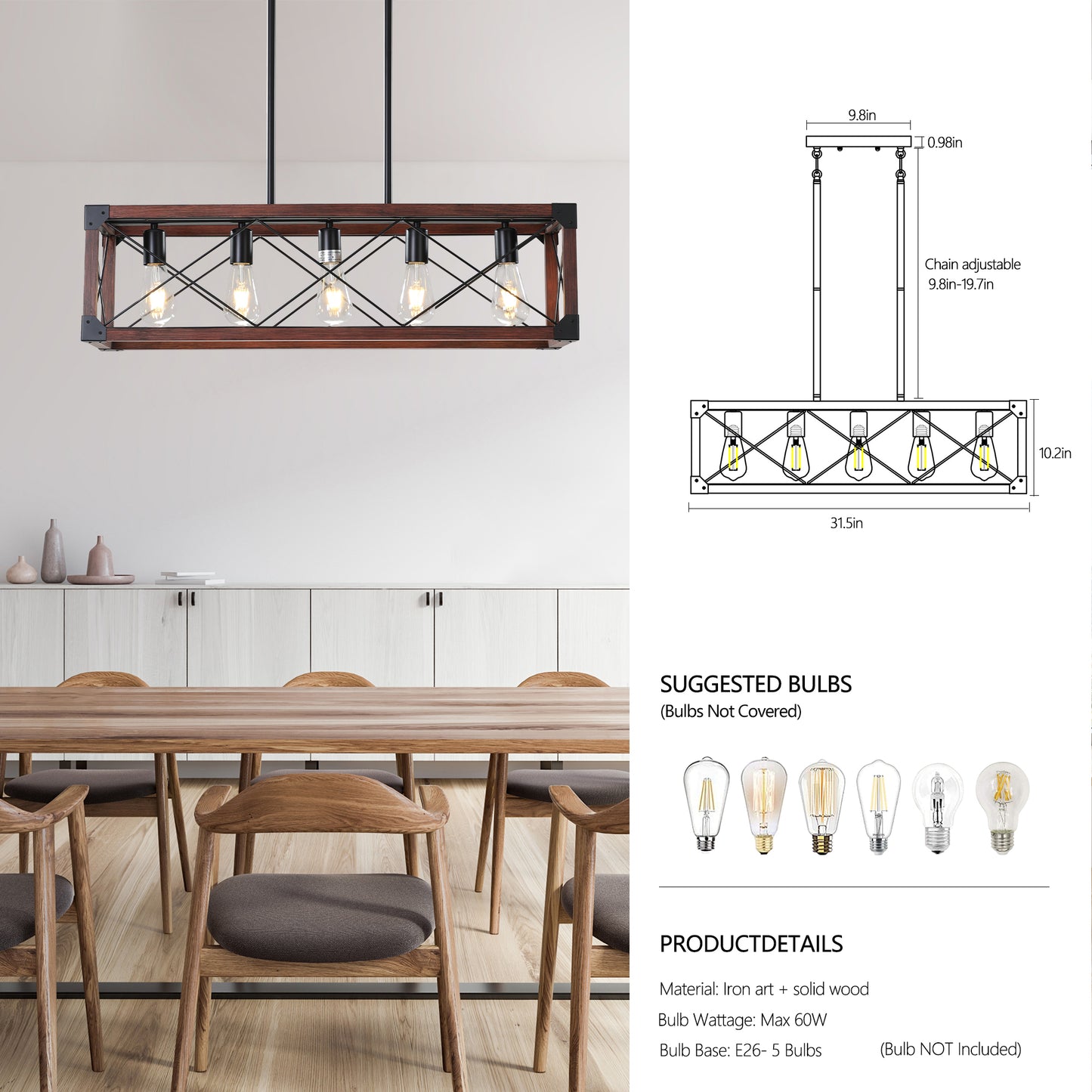 5-Light Retro Farmhouse Chandelier For Kitchen, Living room, Dining room Red(No Bulbs)
