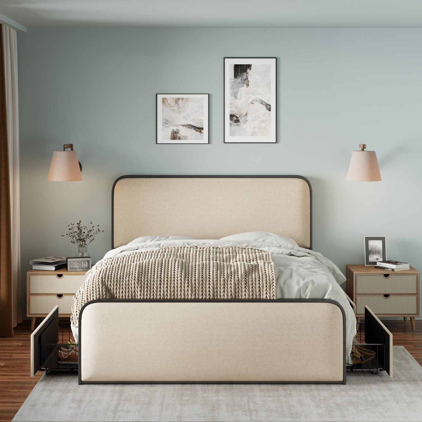 Modern Metal Bed Frame with Curved Upholstered Headboard and Footboard Bed with 4 Storage Drawers, Heavy Duty Metal Slats, Full Size, Beige