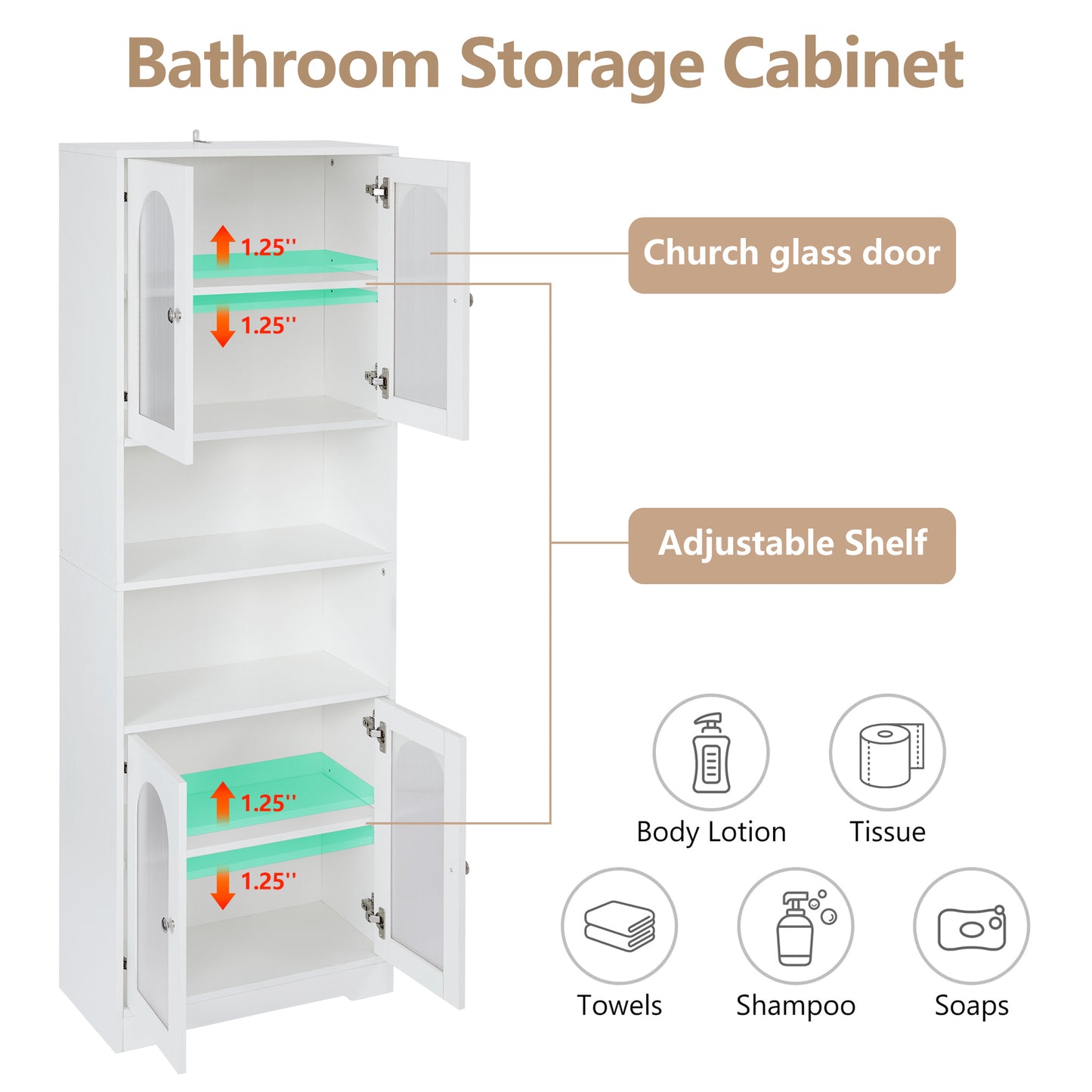 67" Tall Bathroom Storage Cabinet with Doors and Shelves, Towel Cabinet for Bathroom Freestanding, Linen Cabinet for Bathroom Storage 6 Tier, White Kitchen Pantry Cabinet Wood
