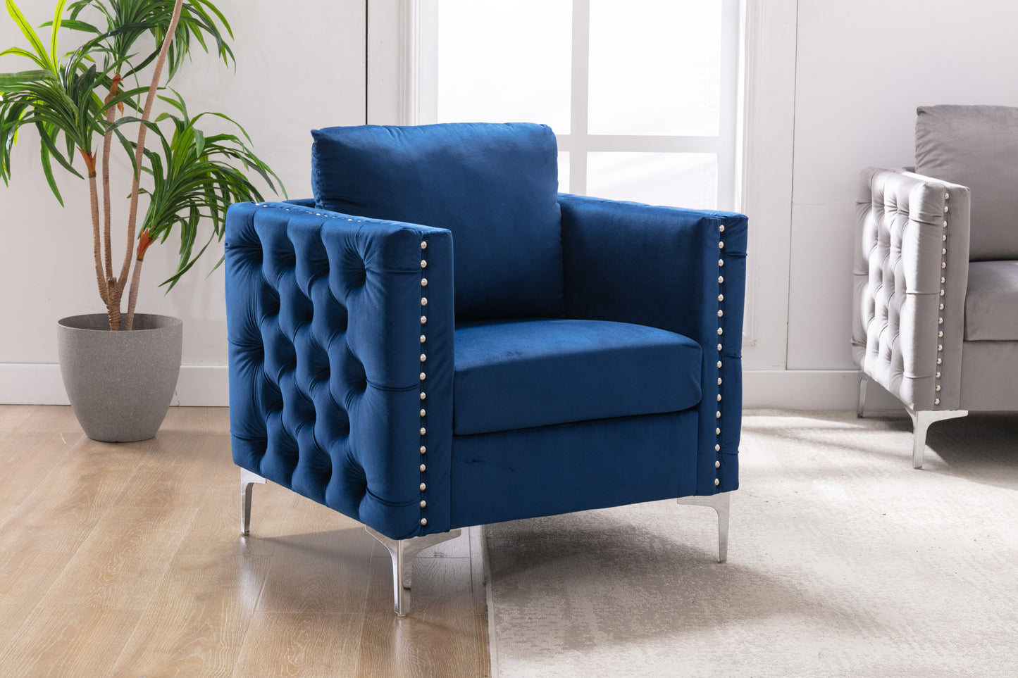 Modern Velvet Armchair Tufted Button Accent Chair Club Chair with Steel Legs for Living Room Bedroom,Navy