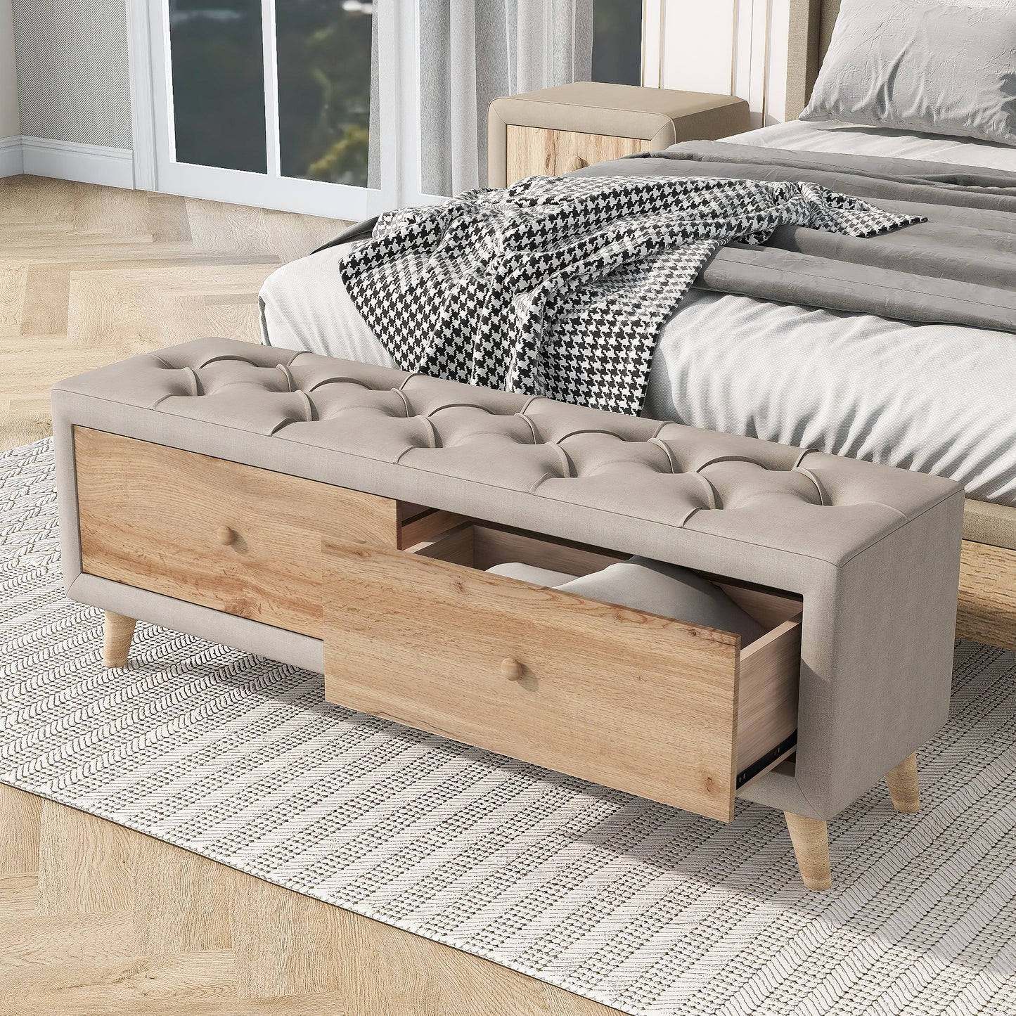 Upholstered Wooden Storage Ottoman Bench with 2 Drawers For Bedroom,Fully Assembled Except Legs and Handles,Padded Seat with Rubber Wood Leg-Beige